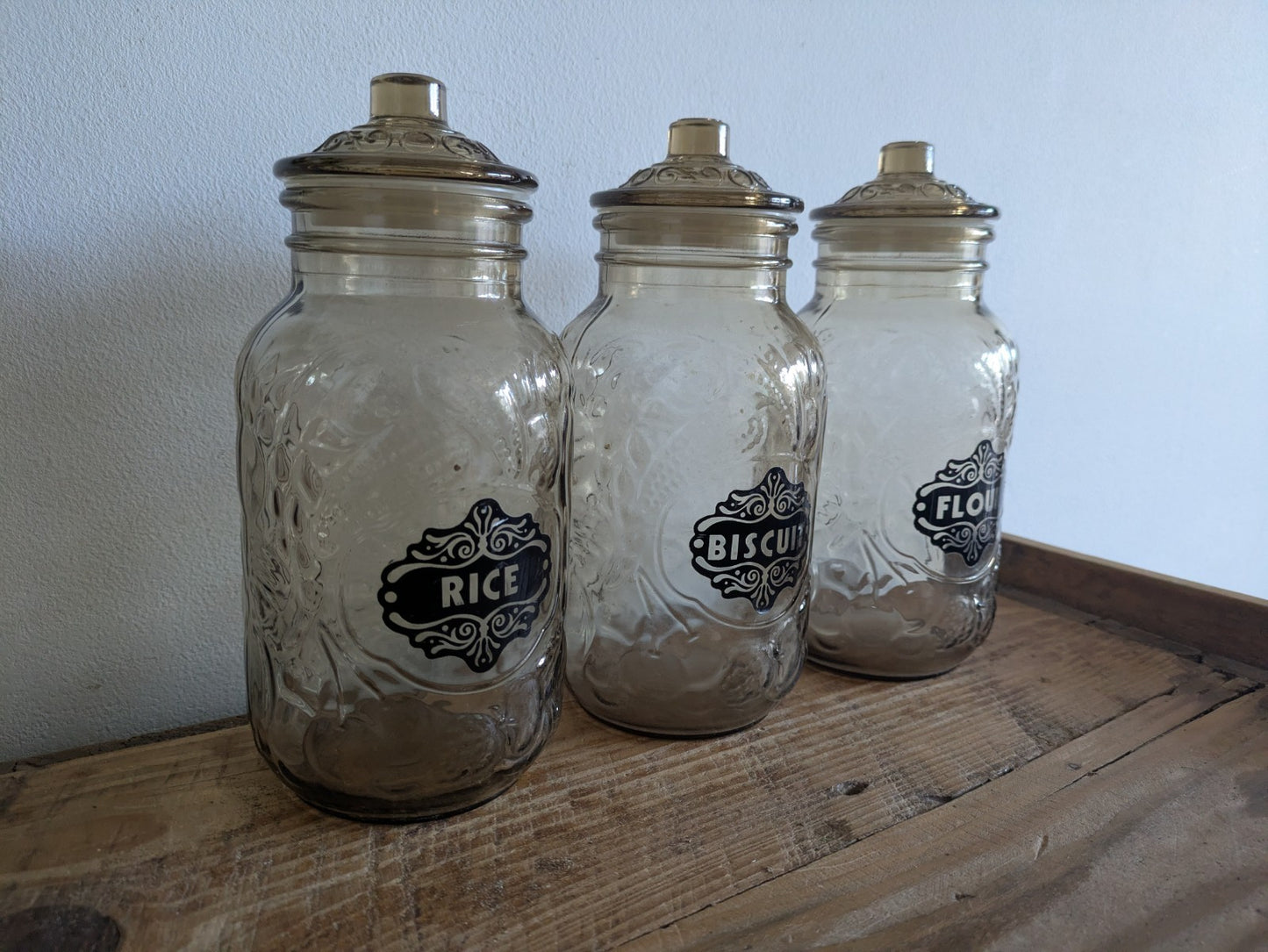 Trio of Vintage Italy Glass Jars Fruit Pattern Smoked Stick On Labels Cannister