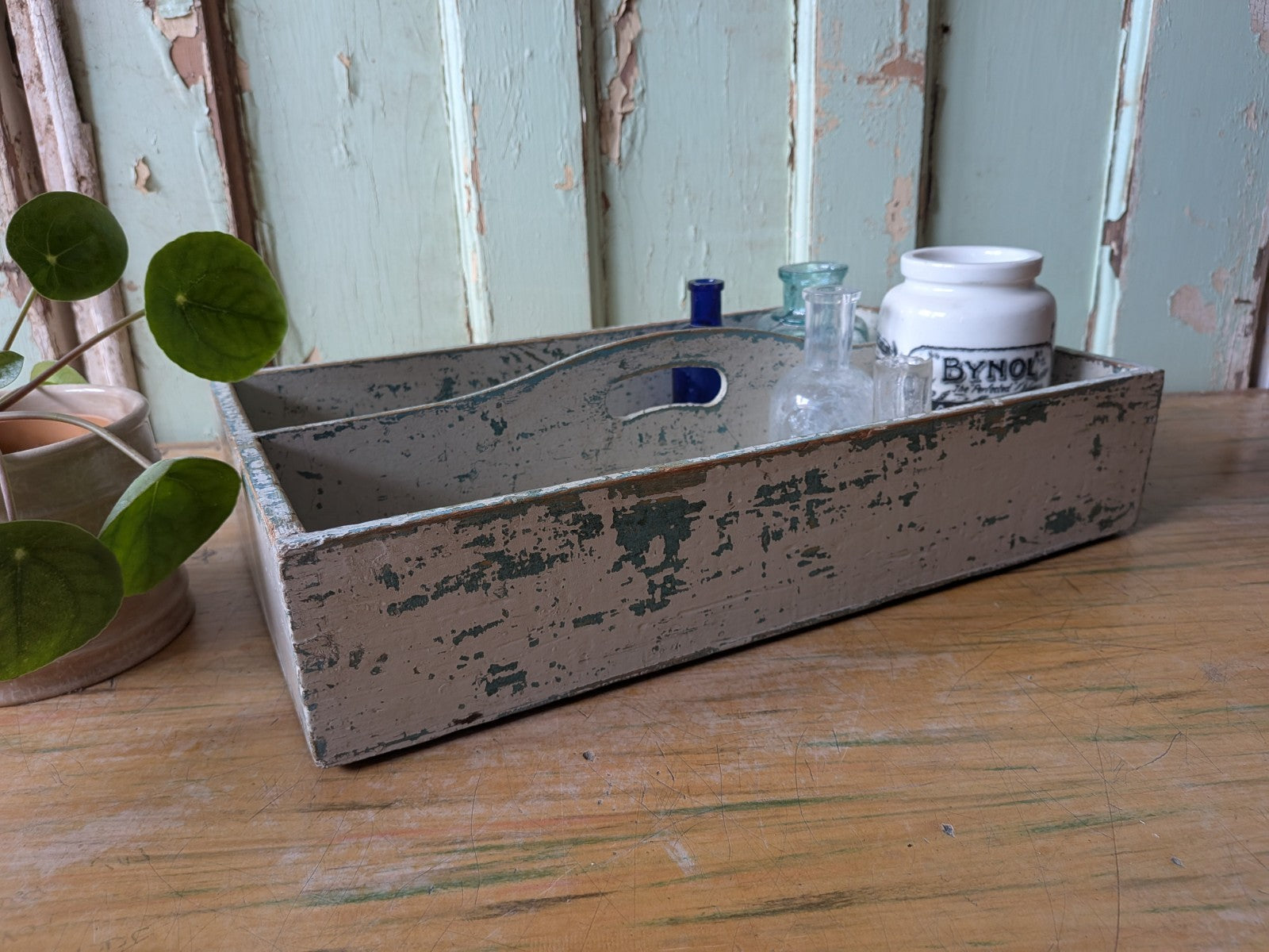 Vtg Distressed Paint Antique Wooden Cutlery Tray Box Kitchen Trug Sectional Prop