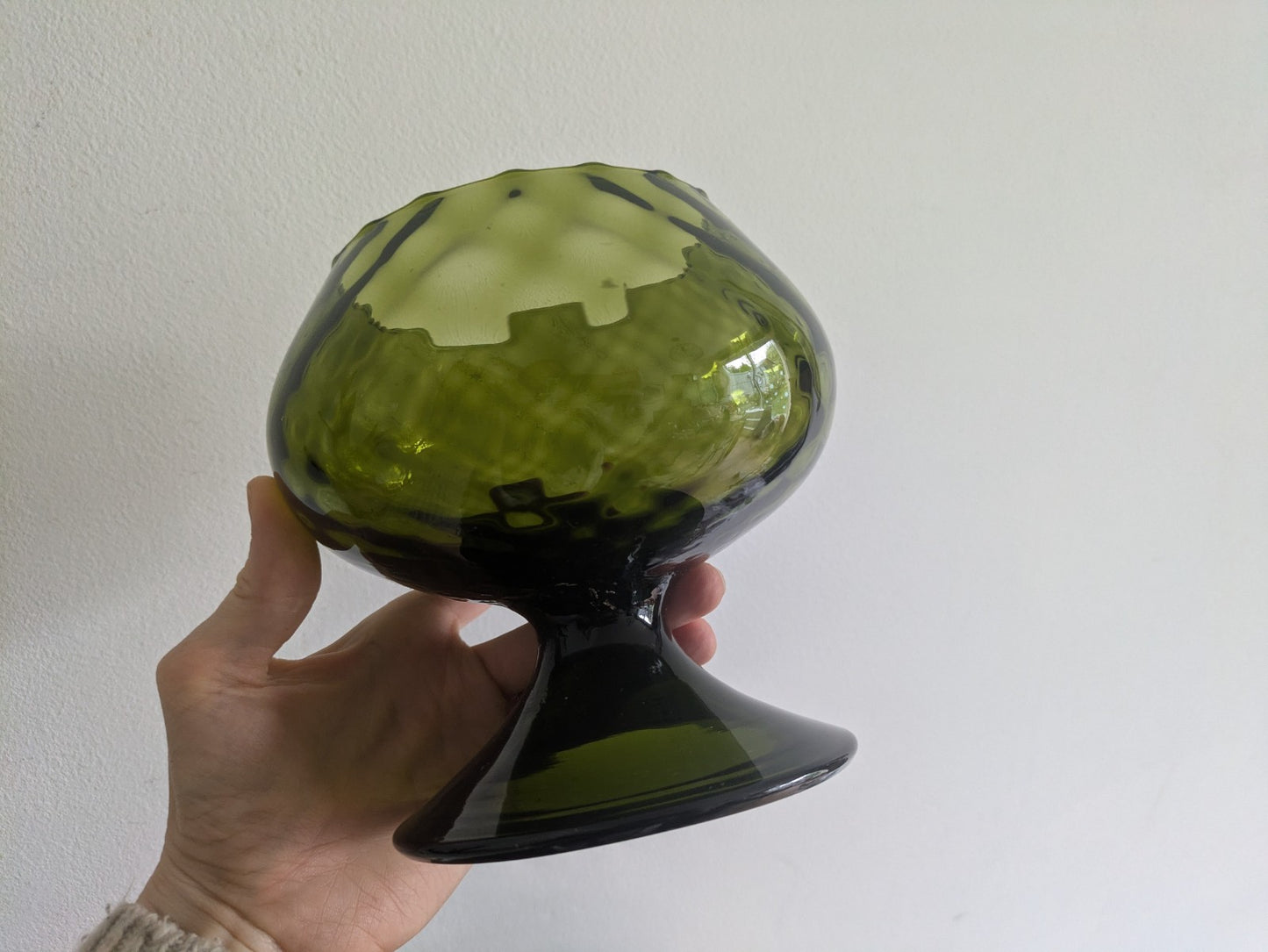 MCM Empoli Italian Brandy Snifter Green Diamond Optic Vase Hand-blown Stubby 