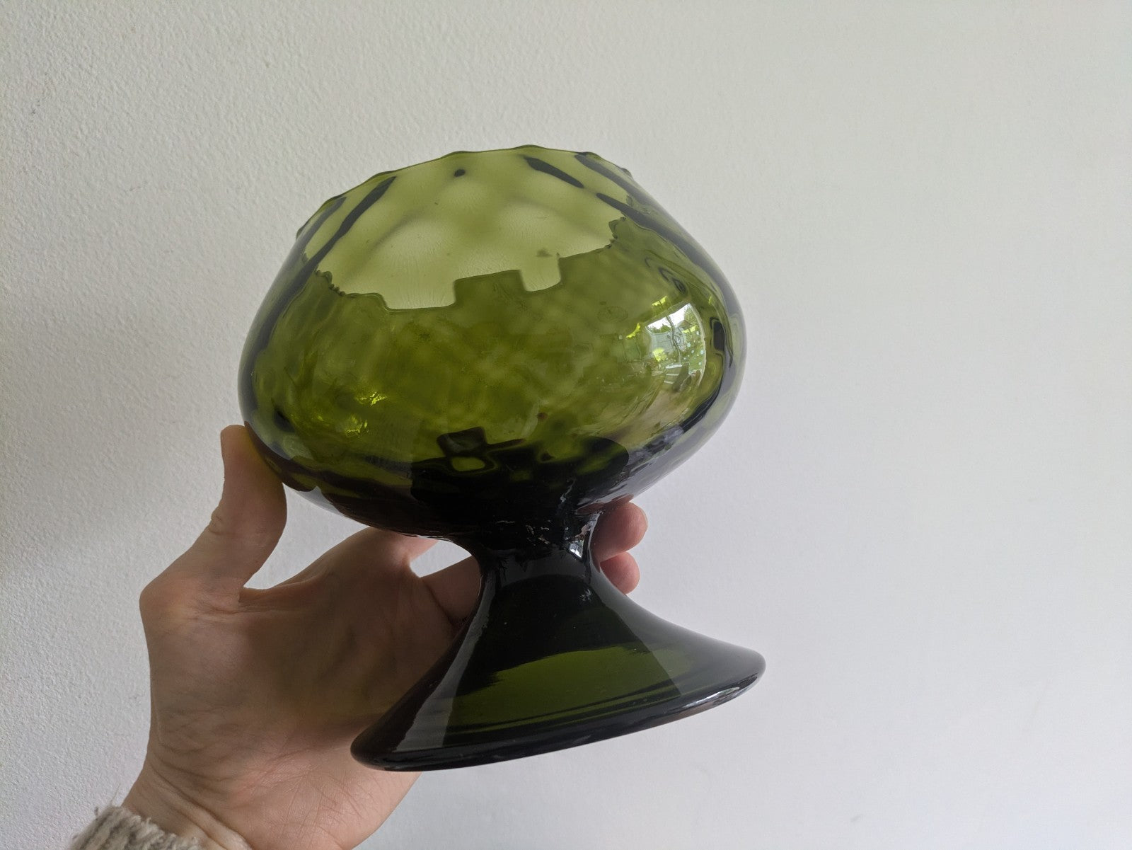 MCM Empoli Italian Brandy Snifter Green Diamond Optic Vase Hand-blown Stubby 