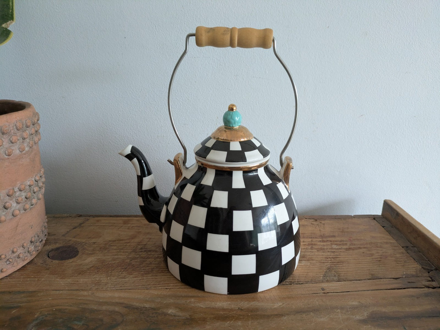 China Blue Tip Black And White Checkered Teapot With Lid MacKenzie Child Style