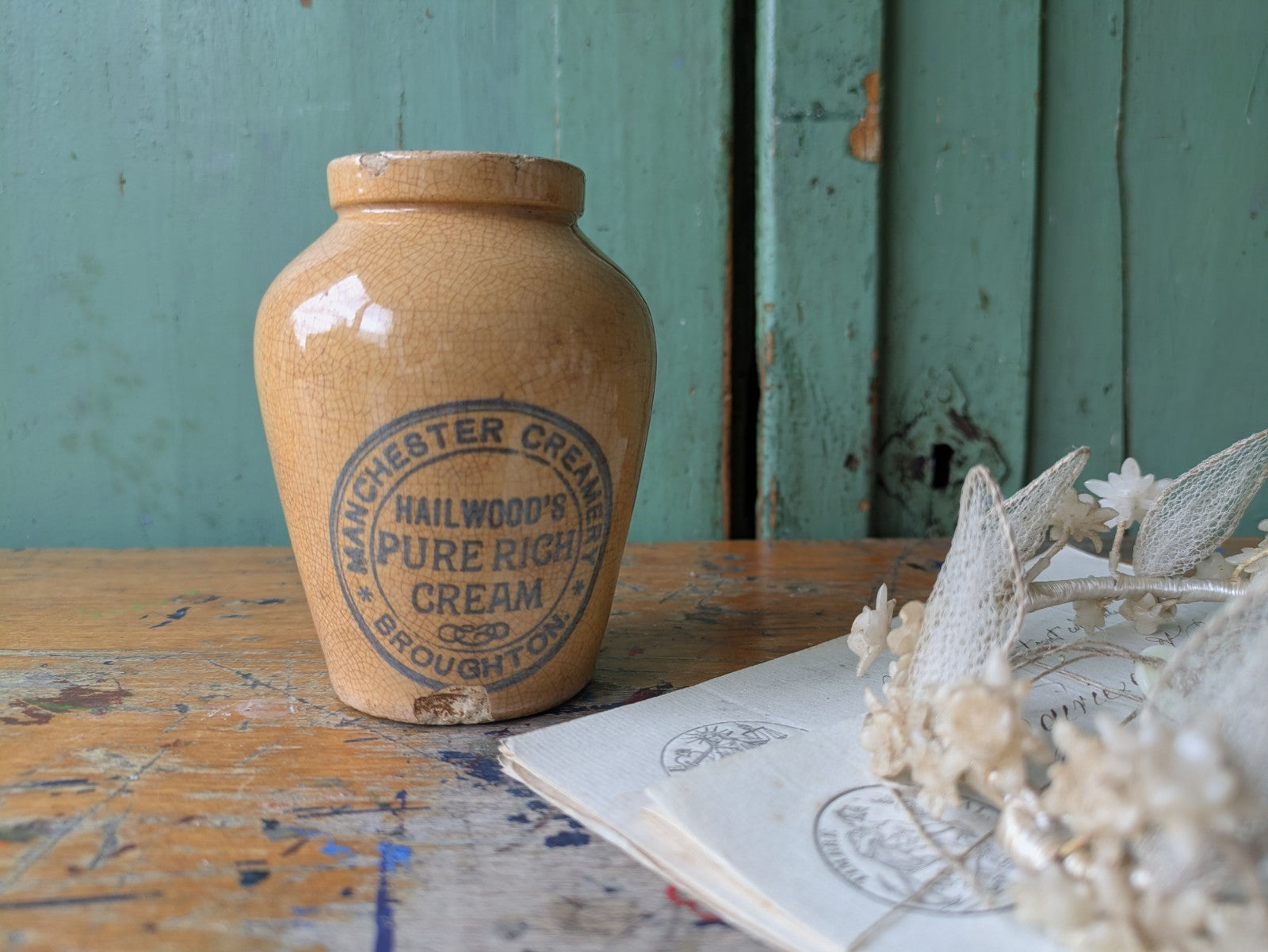 Antique Manchester Creamery Hailwood's Broughton Cream Pot Jar Crock Crazed Vtg