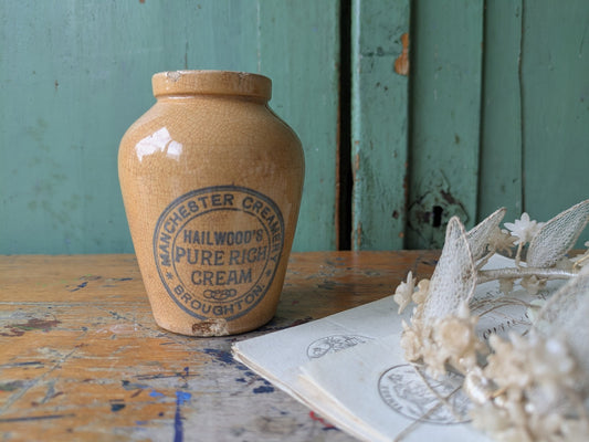 Antique Manchester Creamery Hailwood's Broughton Cream Pot Jar Crock Crazed Vtg