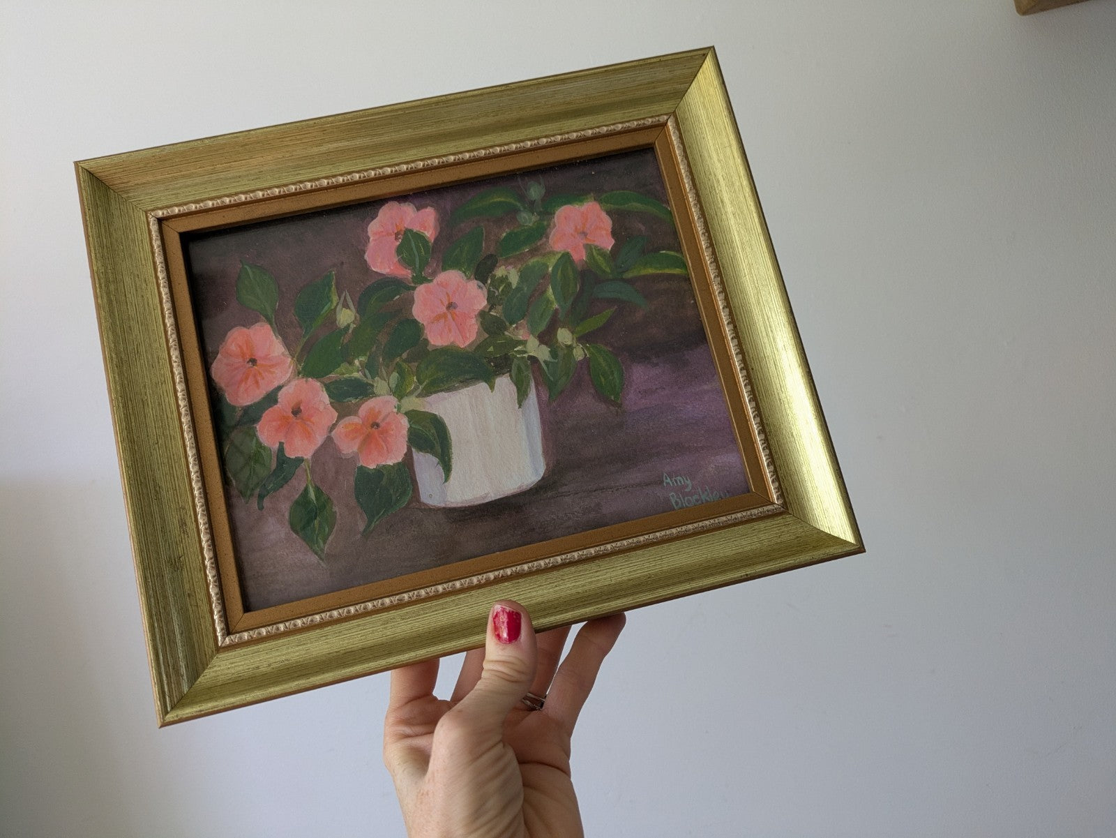 Vintage Still Life Painting Flowers Acrylic Amy blockley Signed Glazed Framed Vg