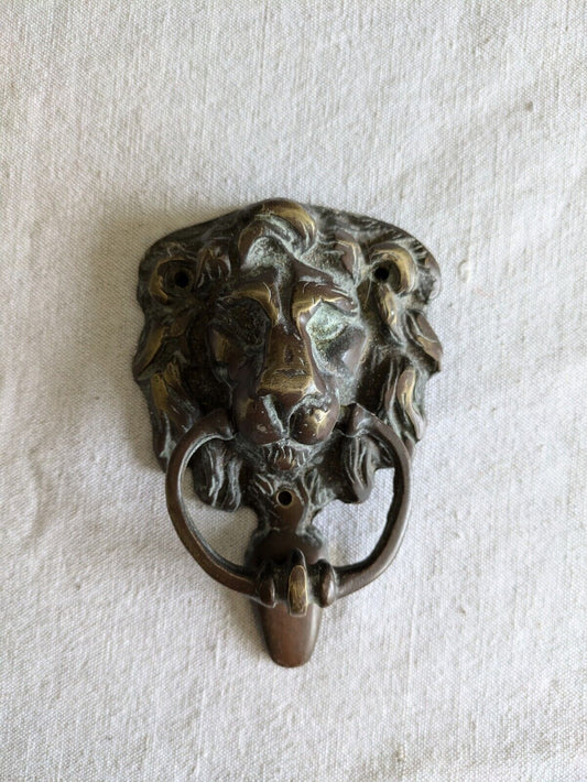 Antique Brass Gold Lion Head Face Front Door Knocker Vintage Handle Large Patina