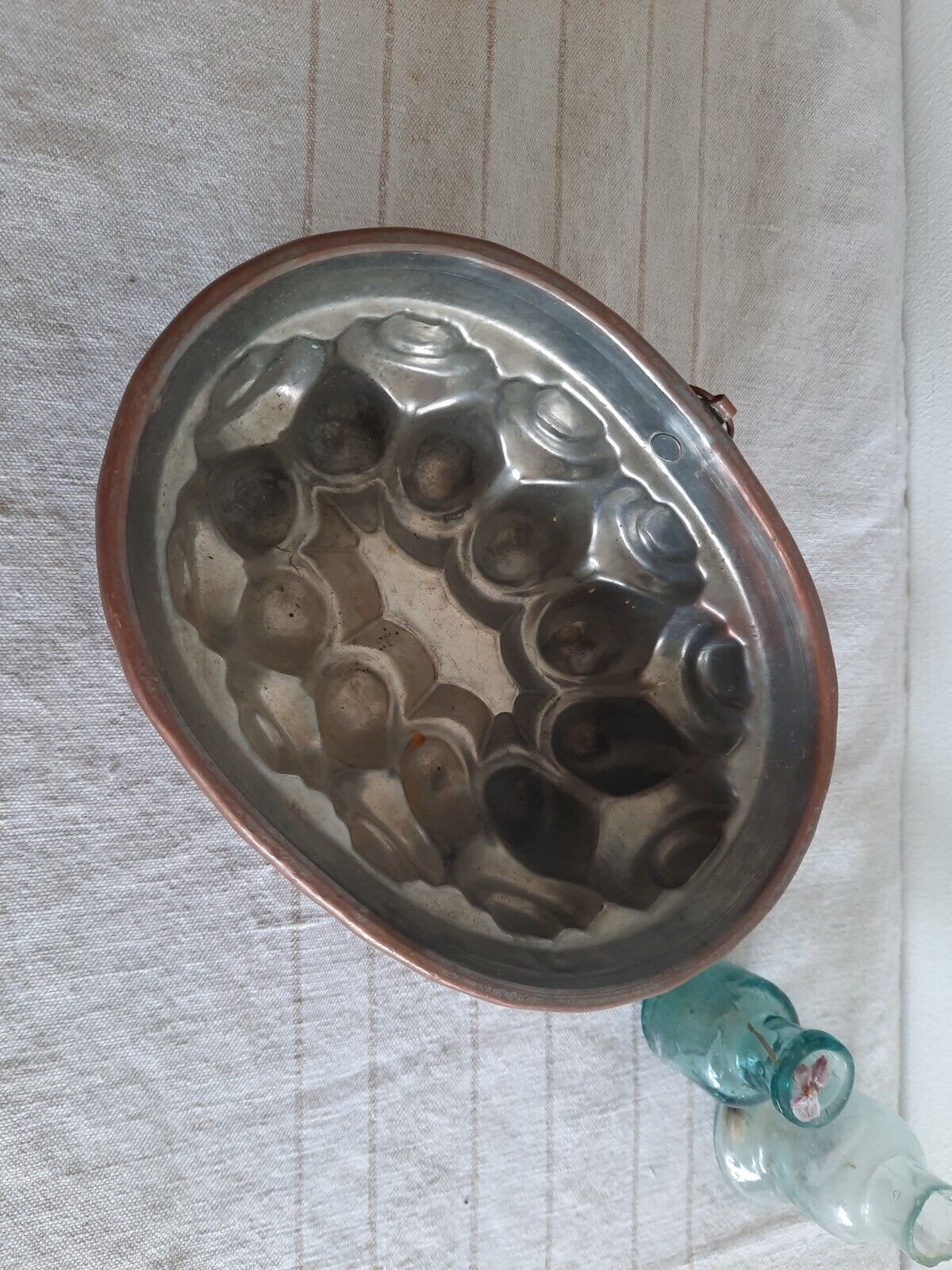 Antique Copper Jelly Mould Oval 3d Cake Pan Hanging Round Display Prop Old Rare