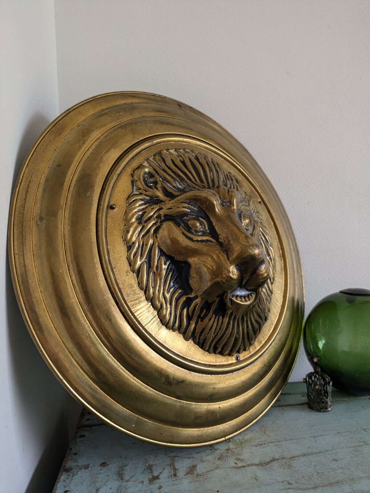 Antique Reclaim 19th C Large Brass Lion Head Plaque Wall Convex Circular 3D Vtg