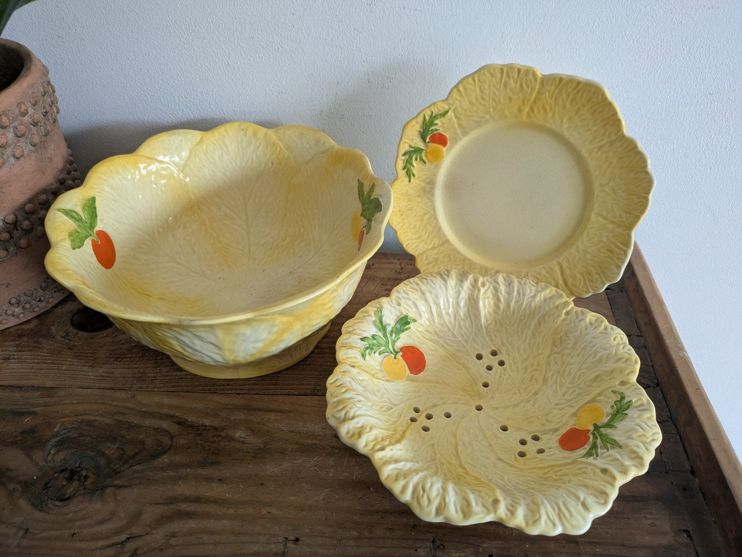 Falcon Ware Yellow Fruit Bowl Leaf Plate Painted Fruits Spring Art Deco Sieve
