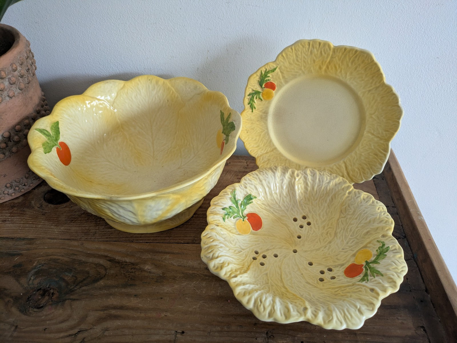 Falcon Ware Yellow Fruit Bowl Leaf Plate Painted Fruits Spring Art Deco Sieve