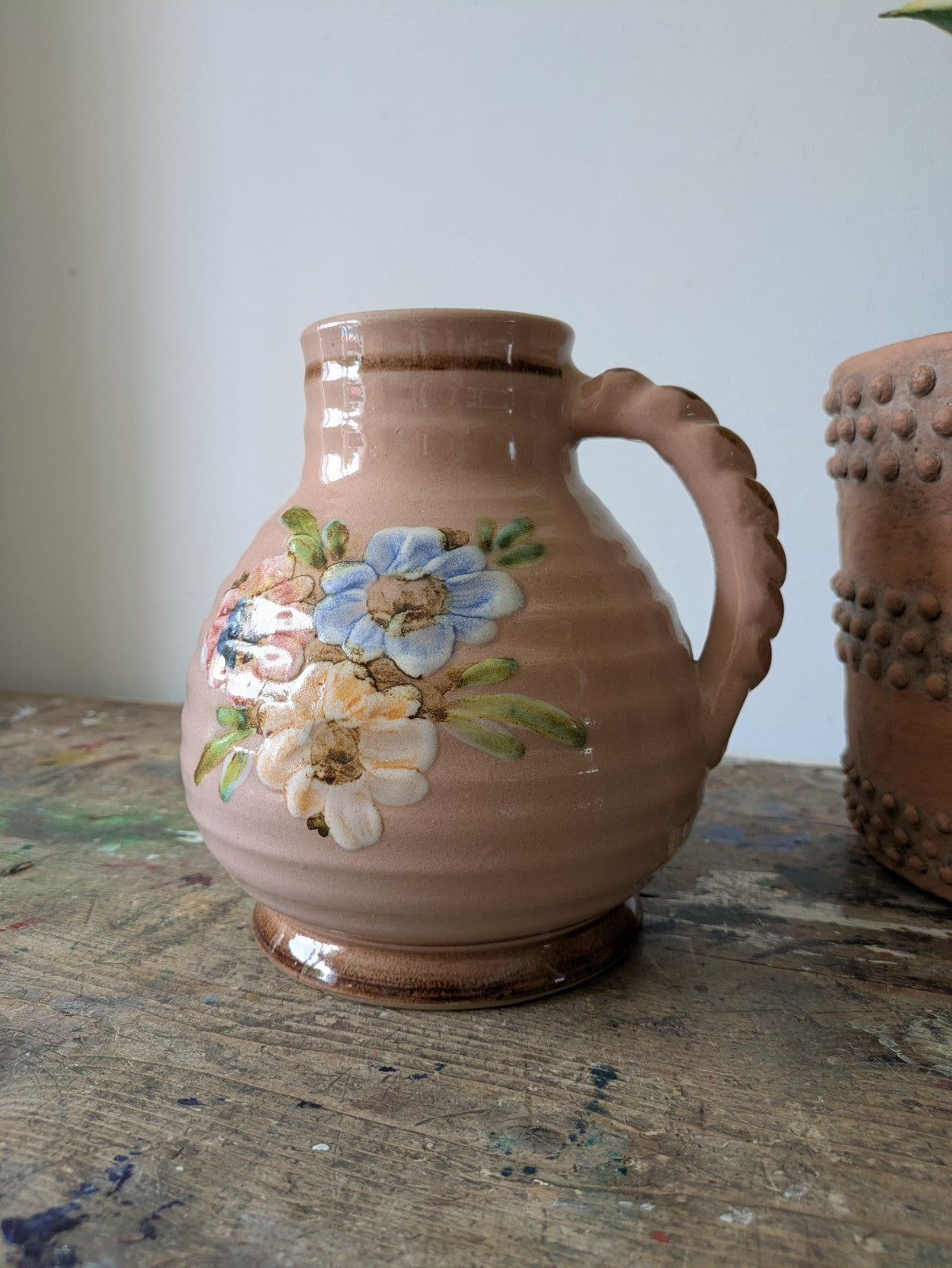Beautiful vintage Bourne Denby stoneware floral jug/vase Pink Dogwood Ribbed Vgc
