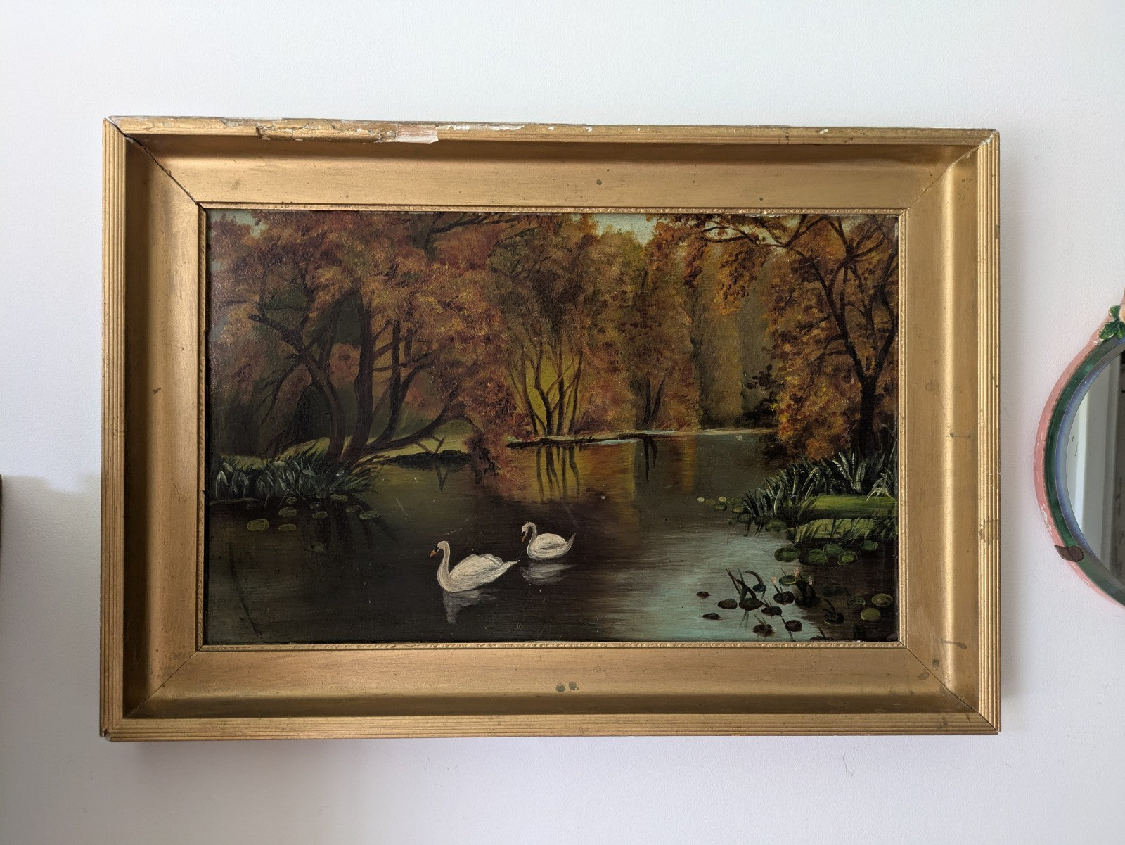Antique Oil Painting Riverscape Swans Lily Pads 19th Century Vintage Kitsch Art