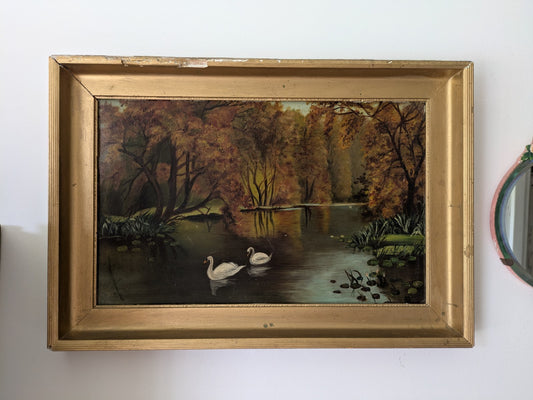 Antique Oil Painting Riverscape Swans Lily Pads 19th Century Vintage Kitsch Art