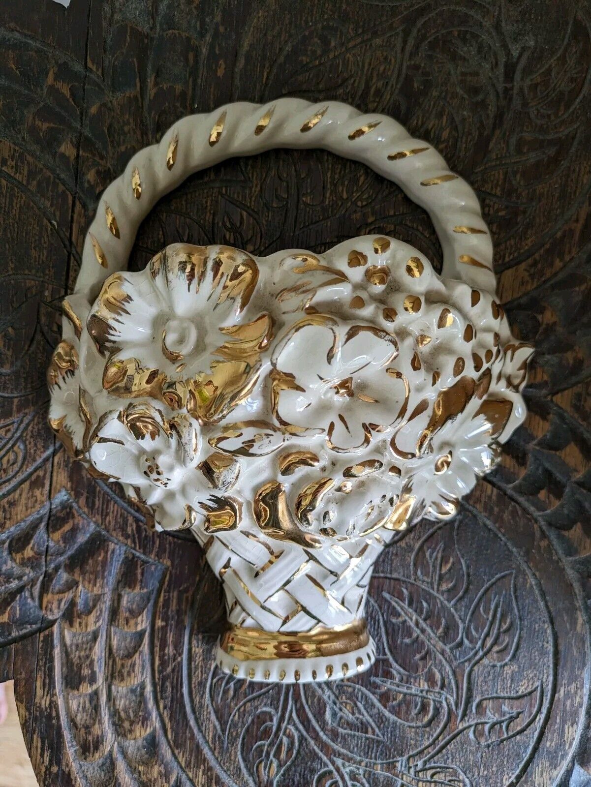 Kensington Ware Floral Wall Pocket White Gold 1920s 30s Ceramic Vase Decor Vtg