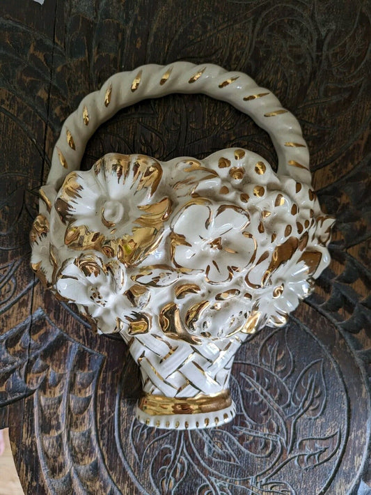 Kensington Ware Floral Wall Pocket White Gold 1920s 30s Ceramic Vase Decor Vtg