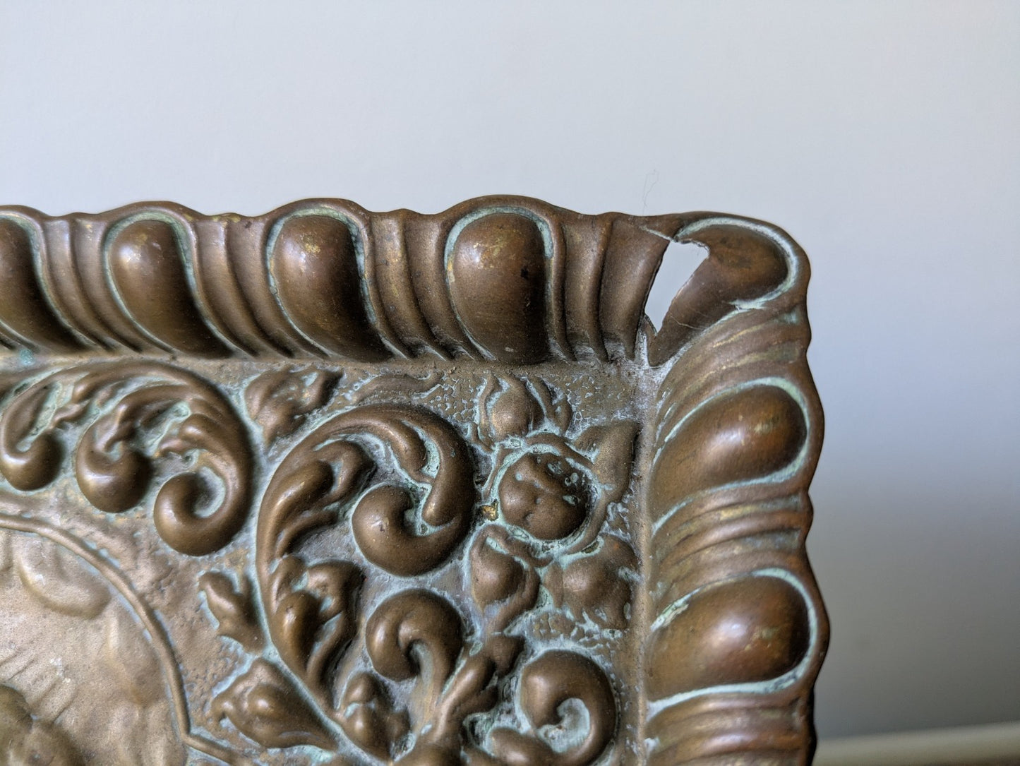 Antique REYNOLDS ANGELS Embossed Dressing Table Tray 1900s Cherubs Ornate Brass