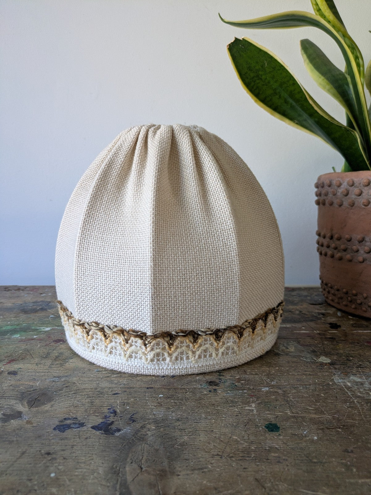 Retro Vintage Ceiling Light Lamp Shade Fabric Beige Mid Century Dome Round Prop