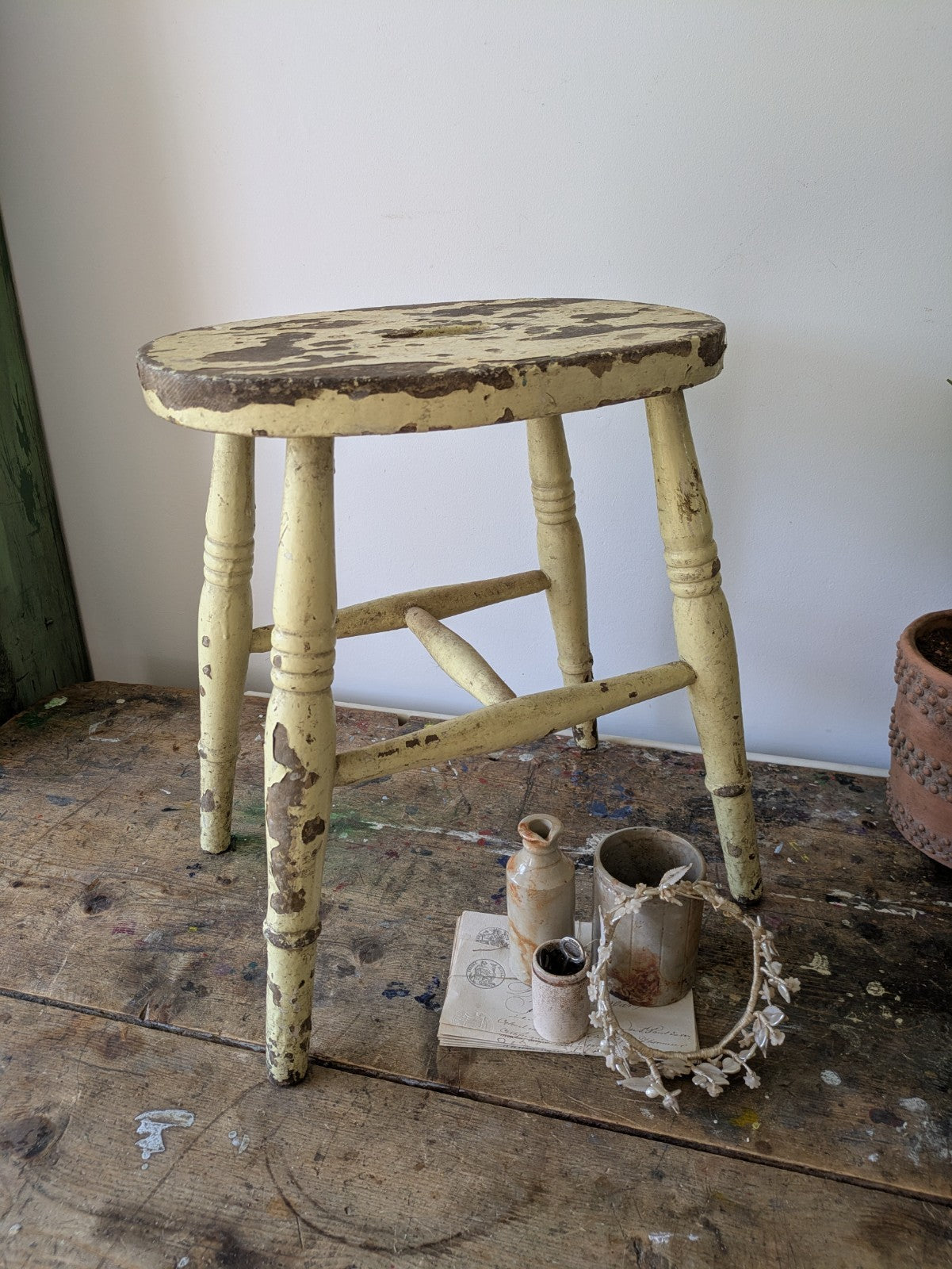 Vintage Victorian Kitchen Stool Wooden Seat Chippy Distressed Paint Yellow Wood