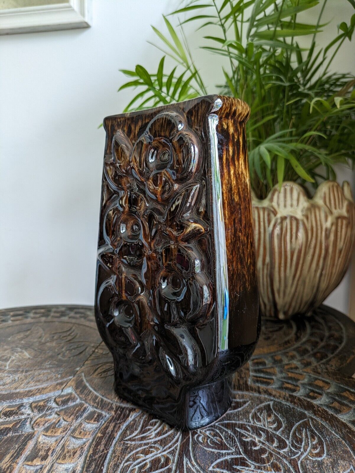 Flower Power Pottery Vase Honeycomb Mottled Brown Drip Glaze 1960s Retro Vintage