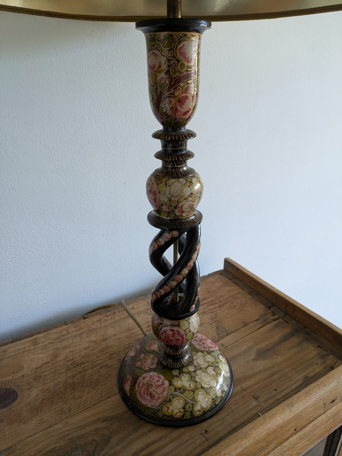 19th C Lamp Vintage Kashmiri Indian Lacquer Papier Mache Gilded Flower Cloisonne