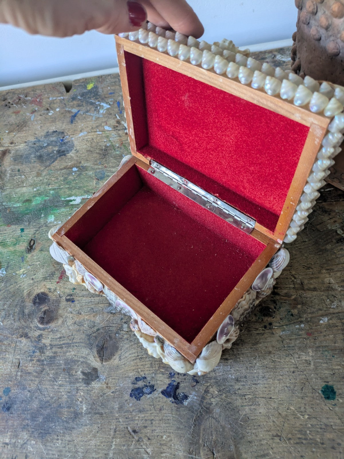 Vintage Seashell Encrusted Trinket Jewelry Box Genuine Retro Lined Wooden Hinged