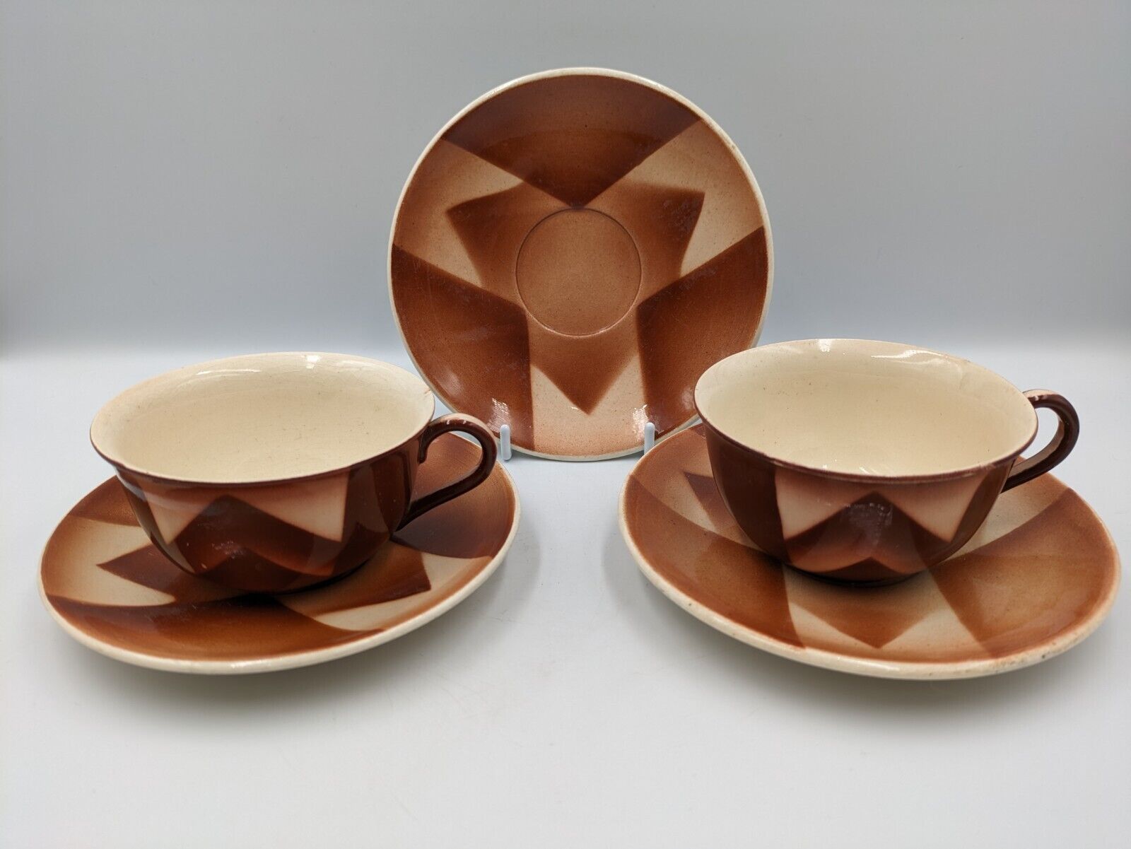 2x 1920s West German Waku Feuerfest Keramik Coffee Cups Saucers Art Deco Antique