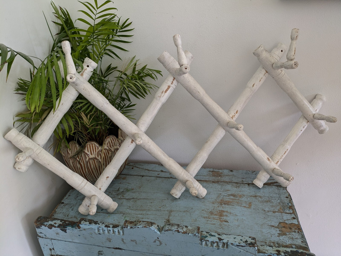 Vintage Wooden Folding Wall Hooks coat Rack Faux bamboo boho French Antique old!