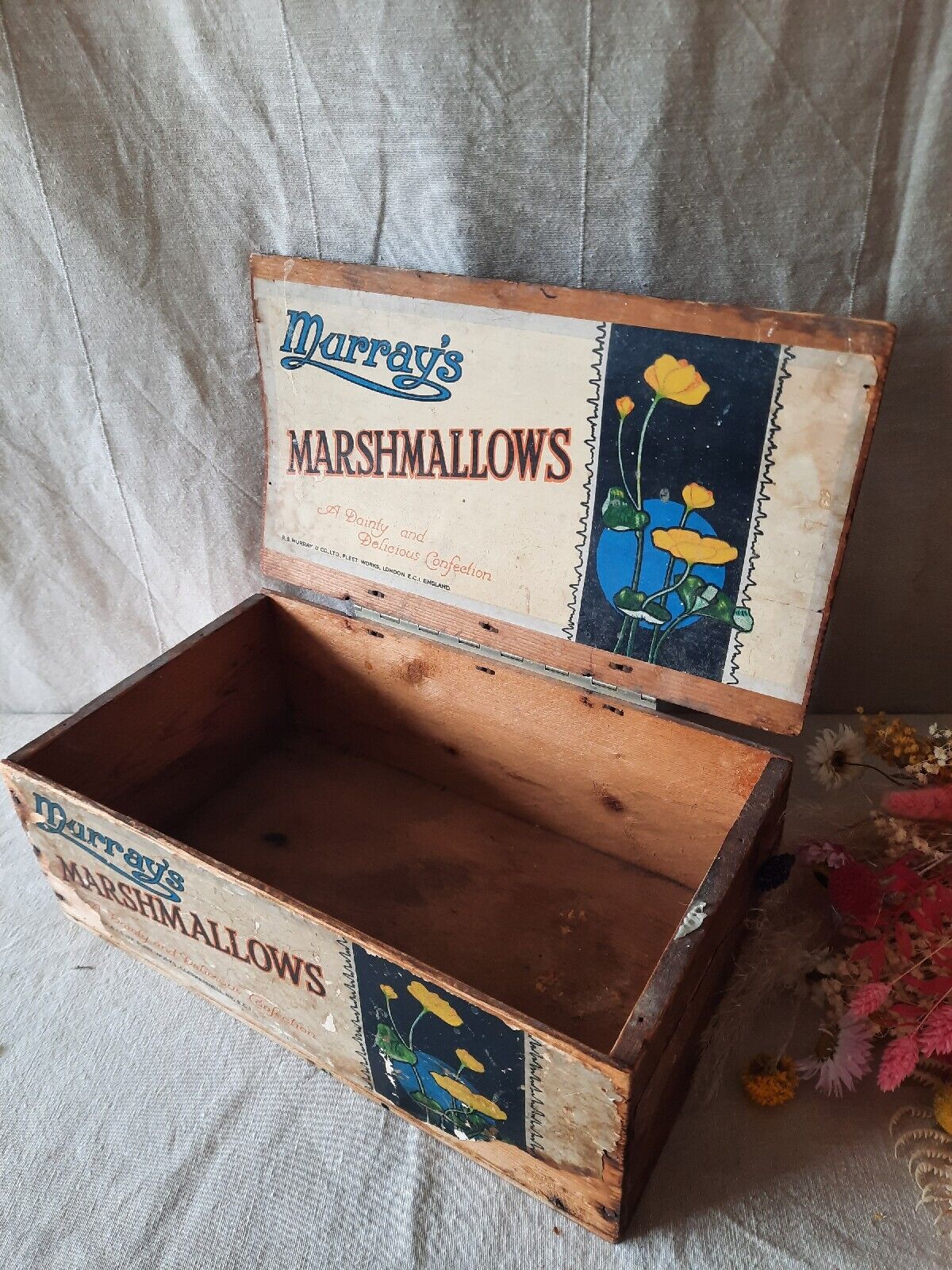 Antique 1920s 1930s Wooden Box Advertising Pine MURRAYS MARSHMALLOWS sweet Shop