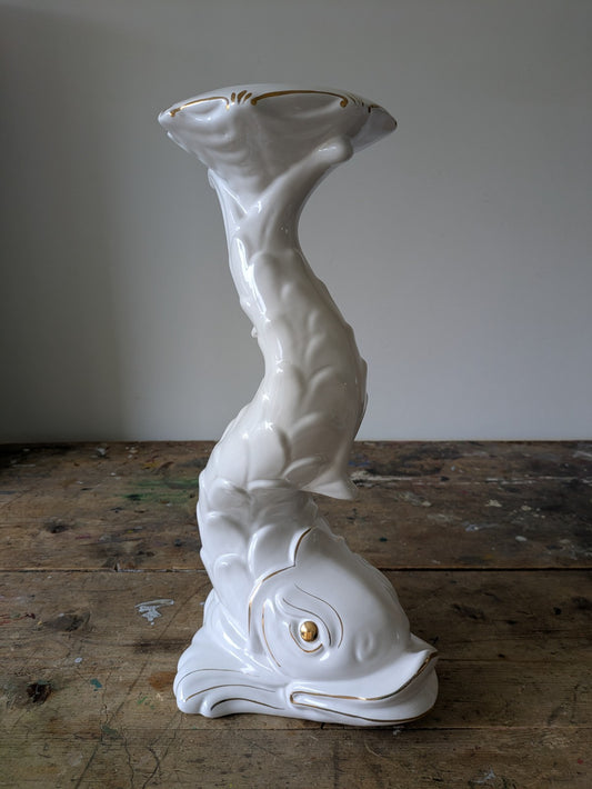 XL DOLPHIN CERAMIC CAPODIMONTE ITALIAN WHITE MID CENTURY VTG PLANT STAND TABLE