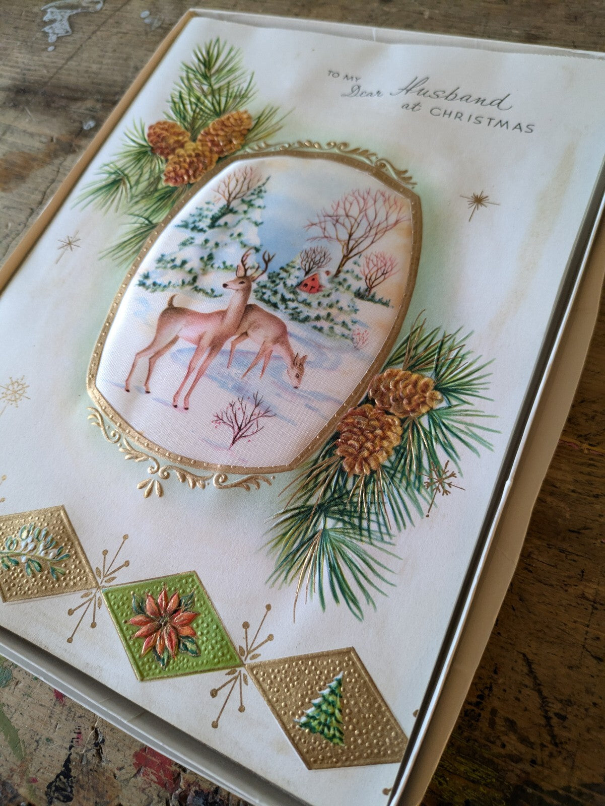 Vintage Deer 50s Padded Christmas Xmas Greeting Card Fabric Pine Cone Satin Vgc