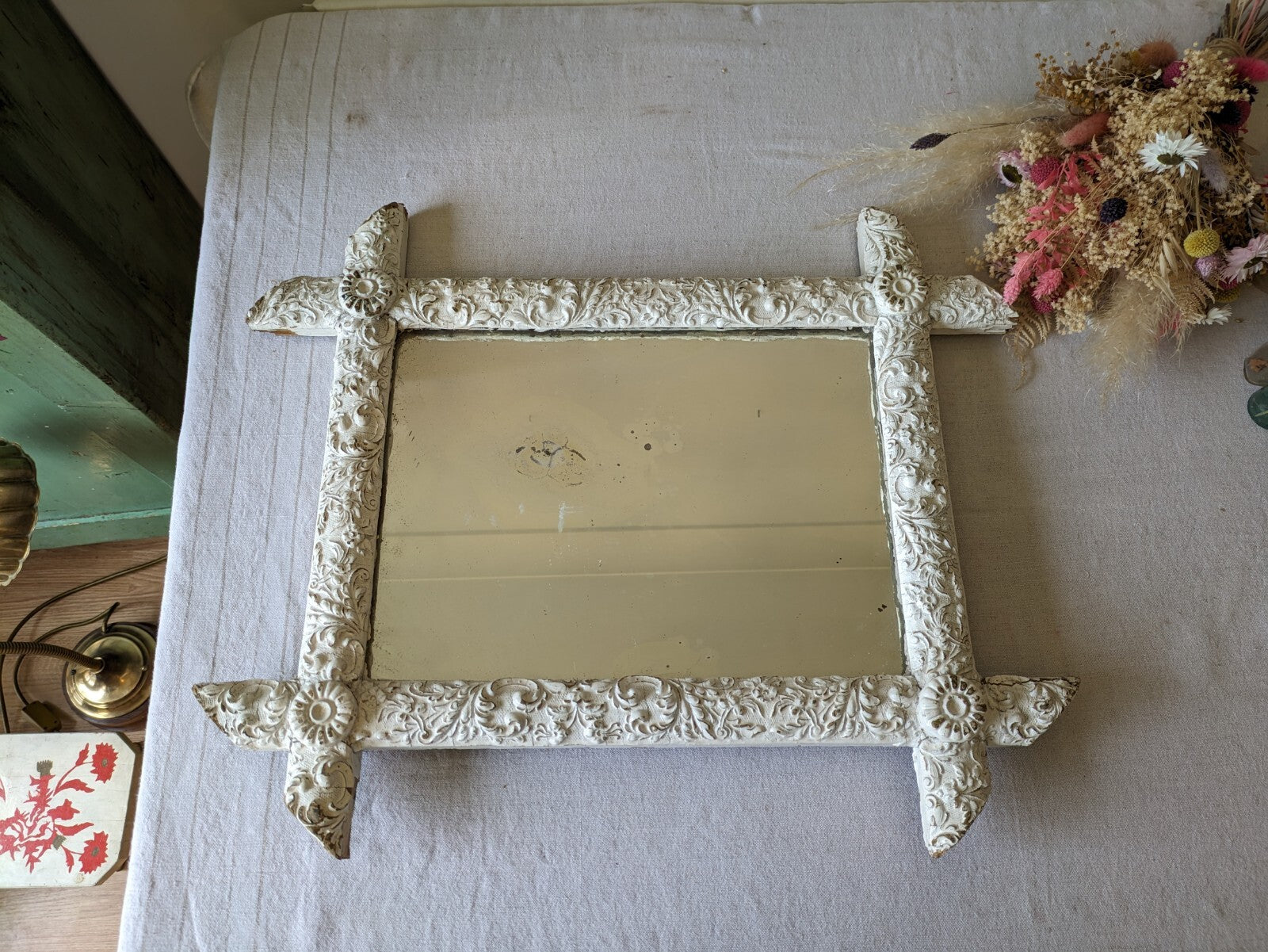 Late 19th century French Detailed distressed mirror Chippy Antique Rare Mercury
