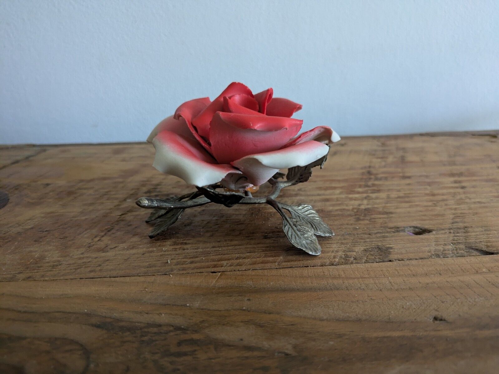 Vintage Capodimonte ~ Red Rose Flower On Metal Stand  ~ Excellent 1970s Kitsch