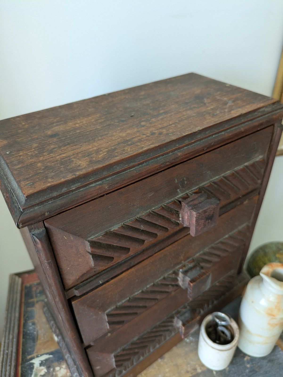 Antique 19th Century Three Drawer Table Top Drawers Carved Apprentice Art Deco 