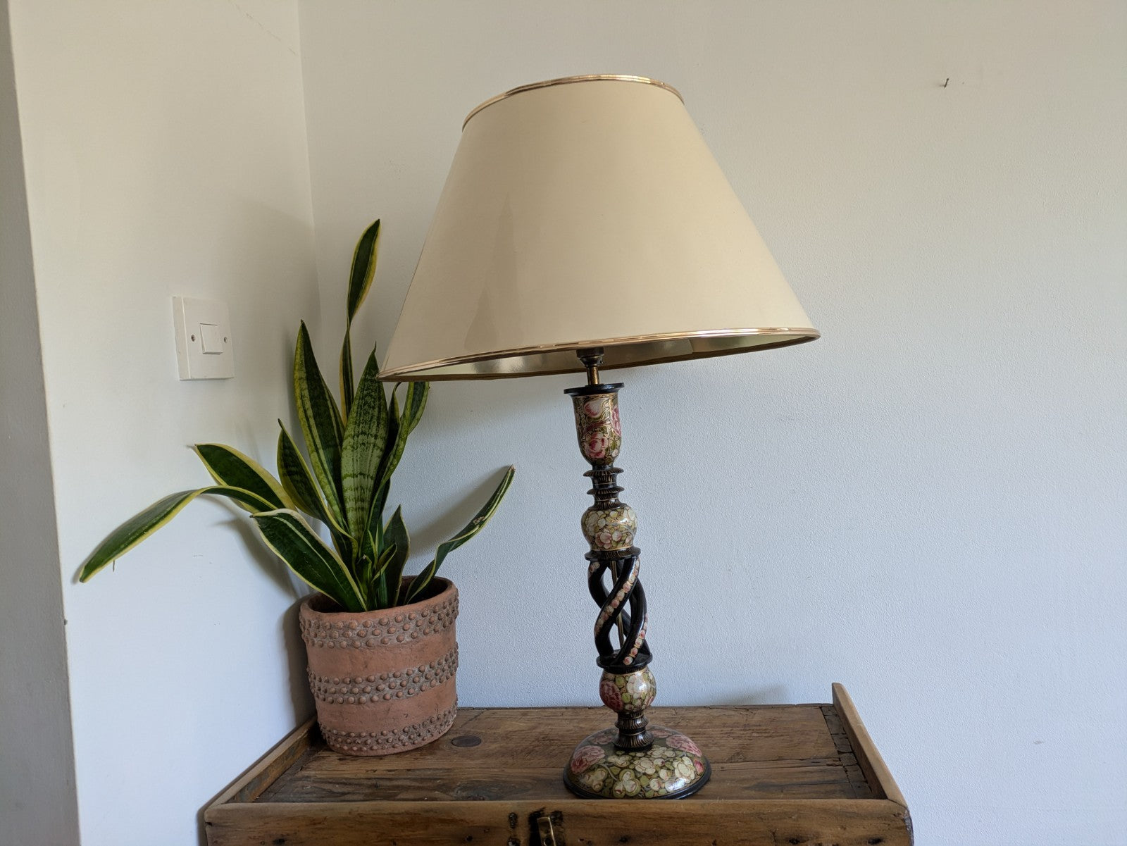 19th C Lamp Vintage Kashmiri Indian Lacquer Papier Mache Gilded Flower Cloisonne