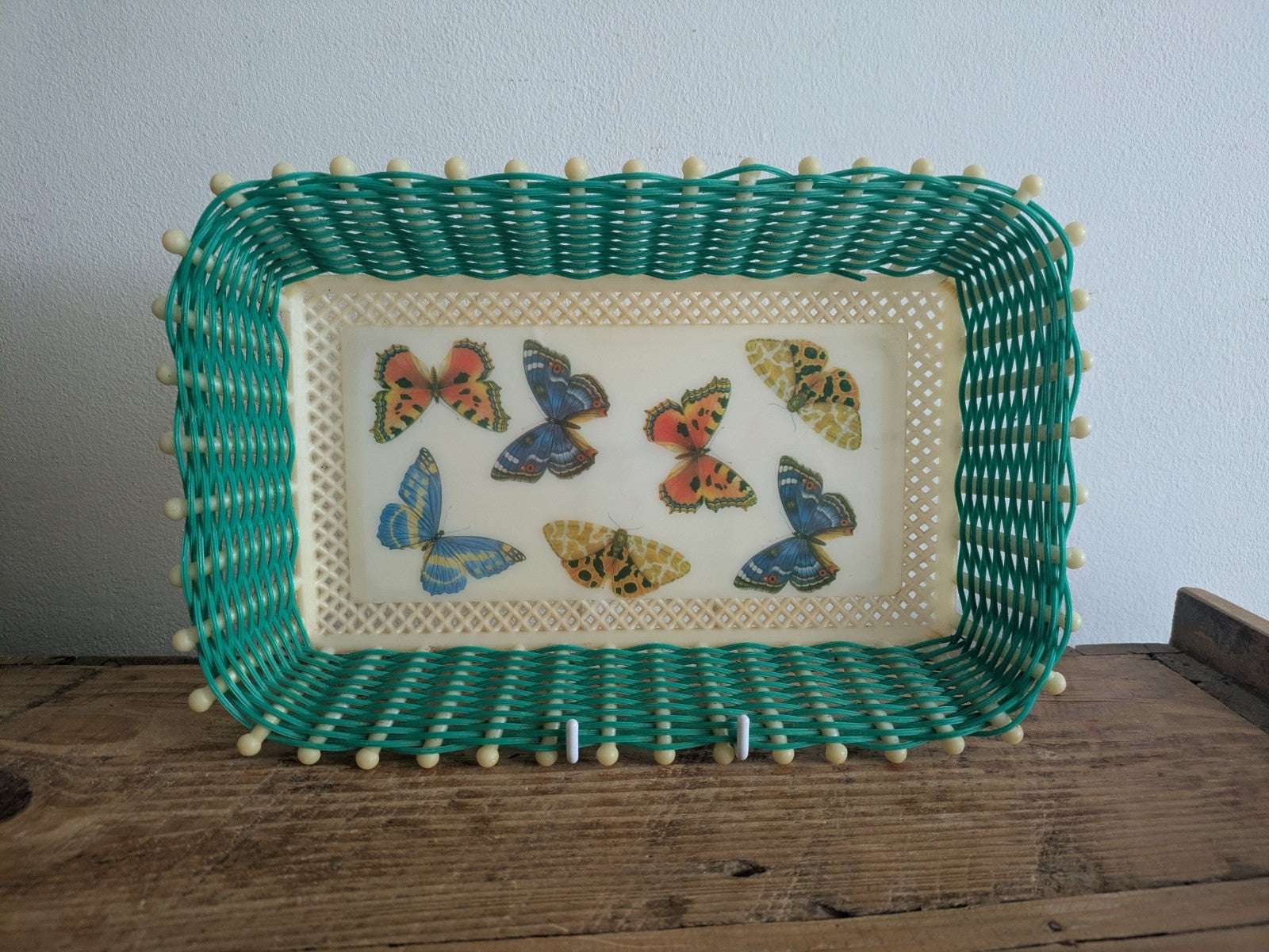 Retro Green and White Butterfly Tray with Plastic Woven Edge Greece Kitsch Prop 