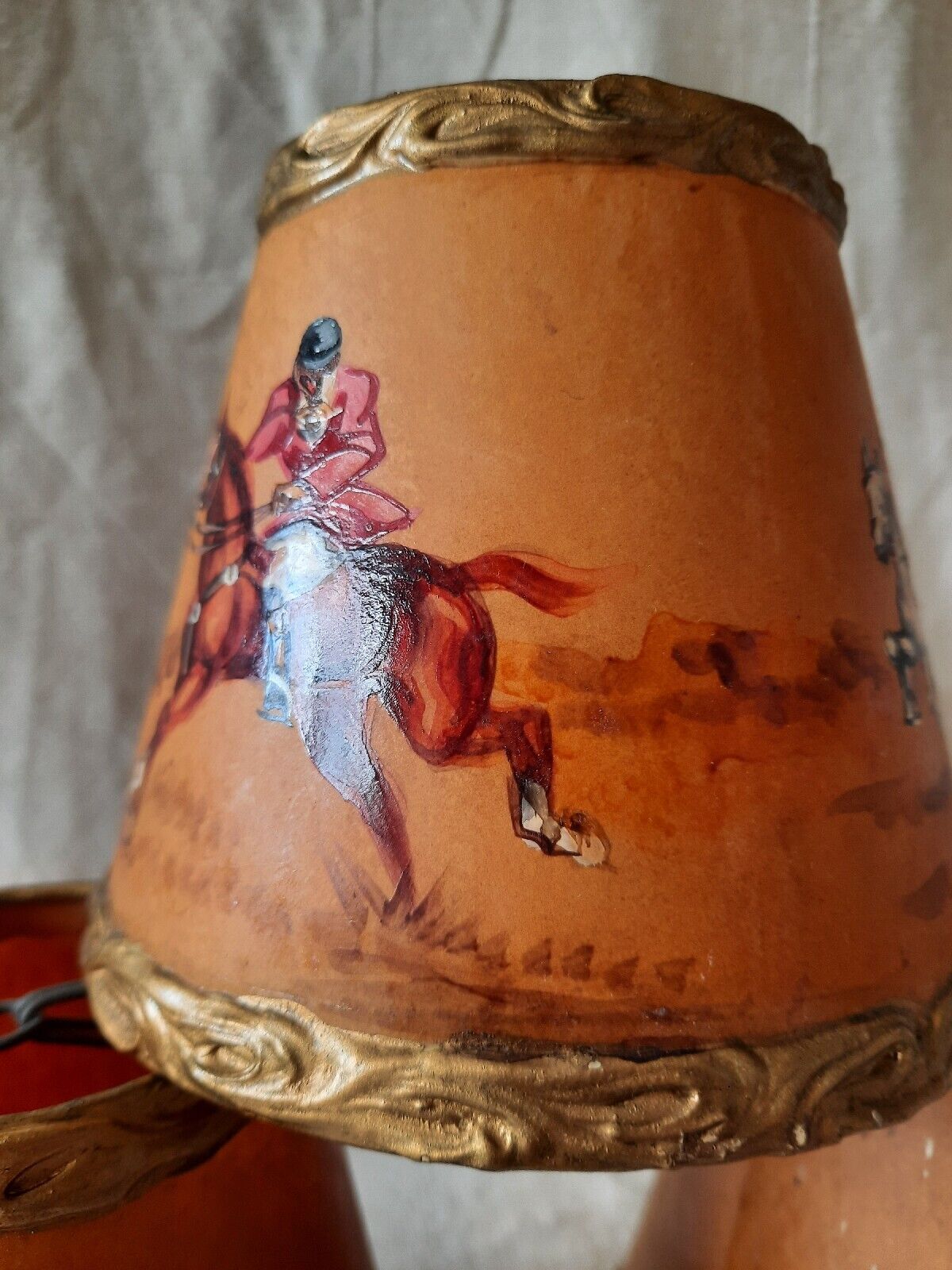 3x Rare Vintage 1950s Clip-on Lamp Shade Hand Painted Hunting English Dog Horse