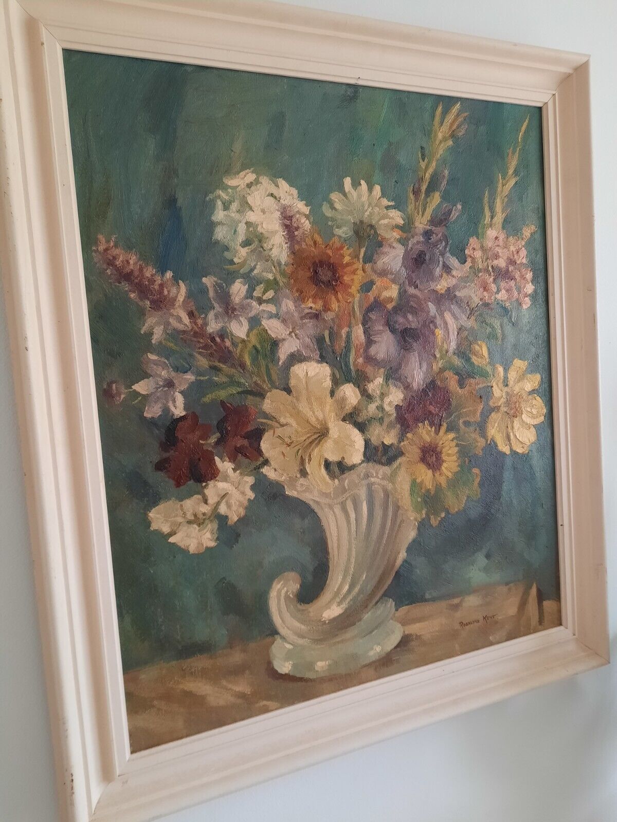 ANTIQUE STILL LIFE PAINTING OIL ON CANVAS BOUQUET VINTAGE FLORAL ROSALIND KENT