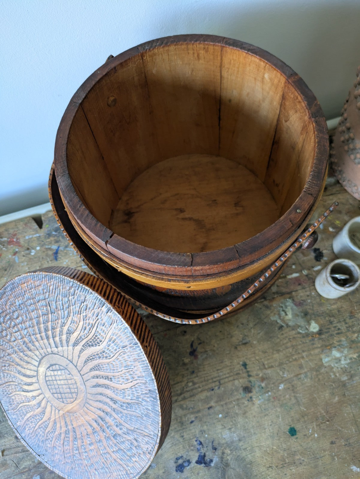 Antique Vtg Sugar Firkin Bucket w. Lid & Handle Pantry Carved Design Primitive
