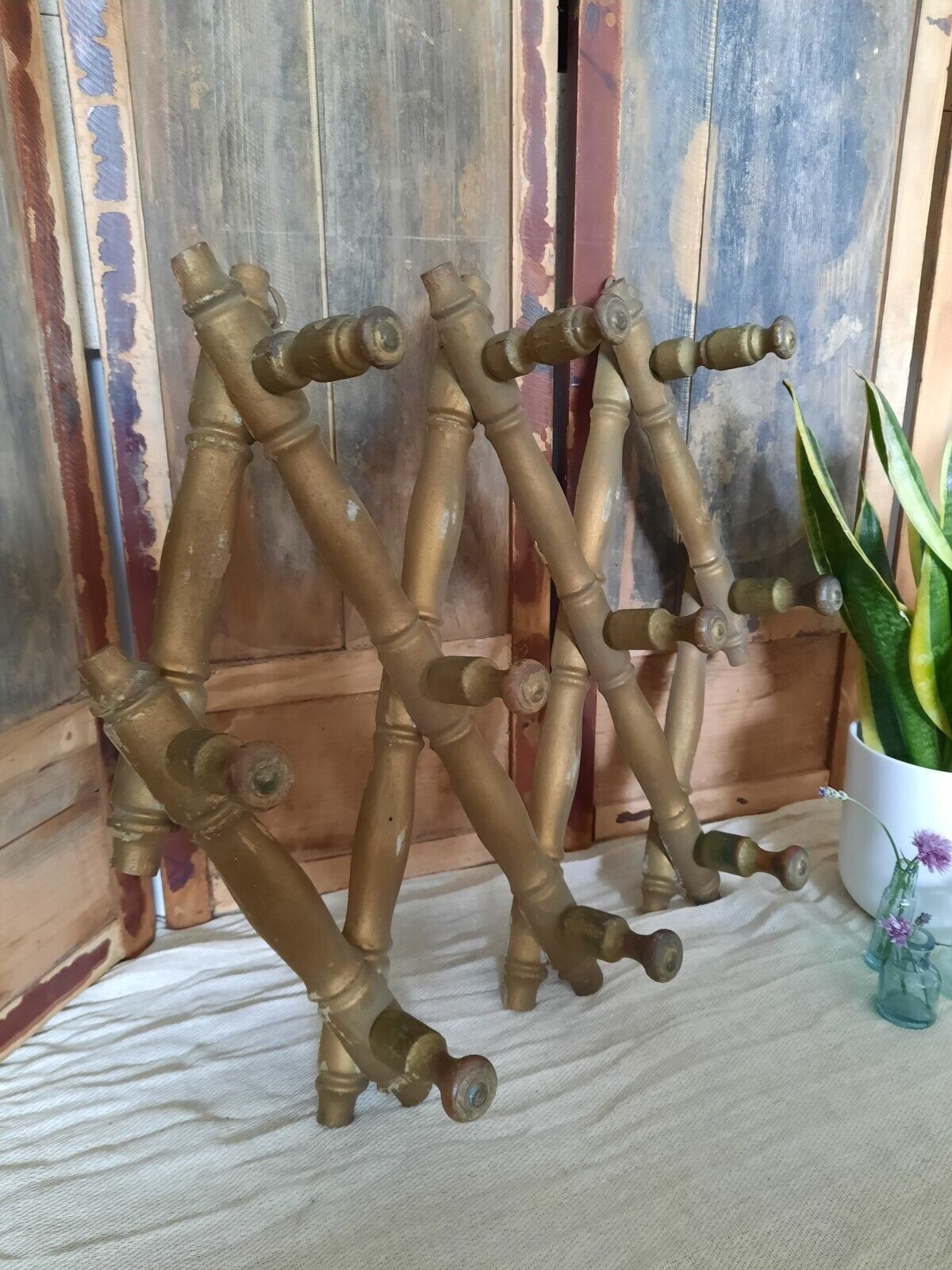 Vintage Wooden Folding Wall Hooks coat Rack Faux bamboo boho French Antique old