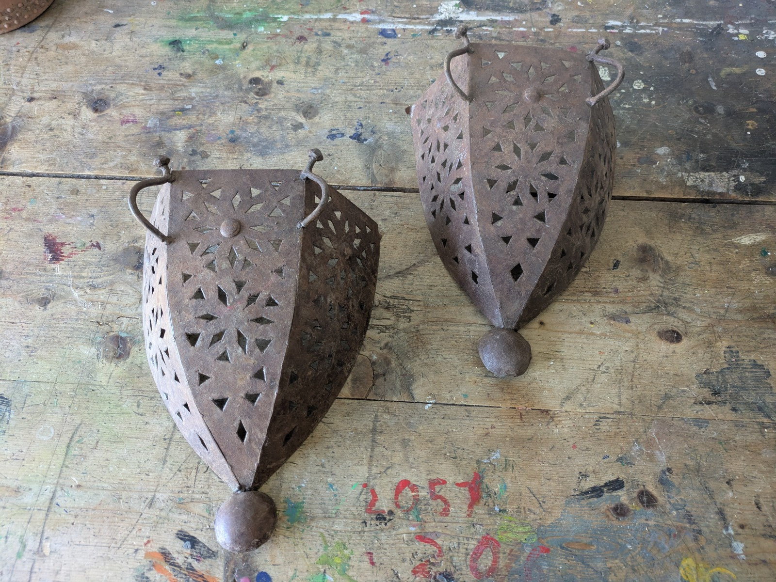 Pair Handmade Pierced Open Iron Moroccan Wall Sconces Lights Candles Lamp Decor
