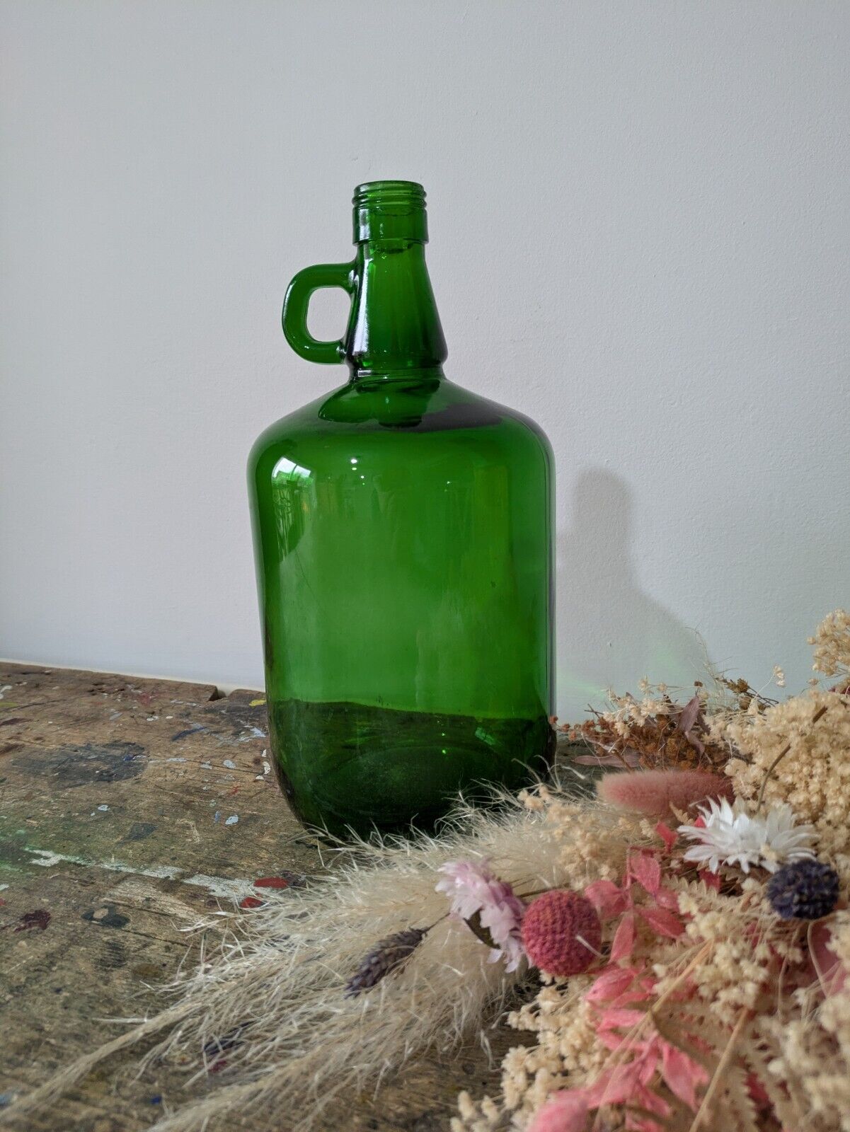 Vtg French Green Glass Jug Bottle Demijohn Modele Depose Beer Wine Display Vase 