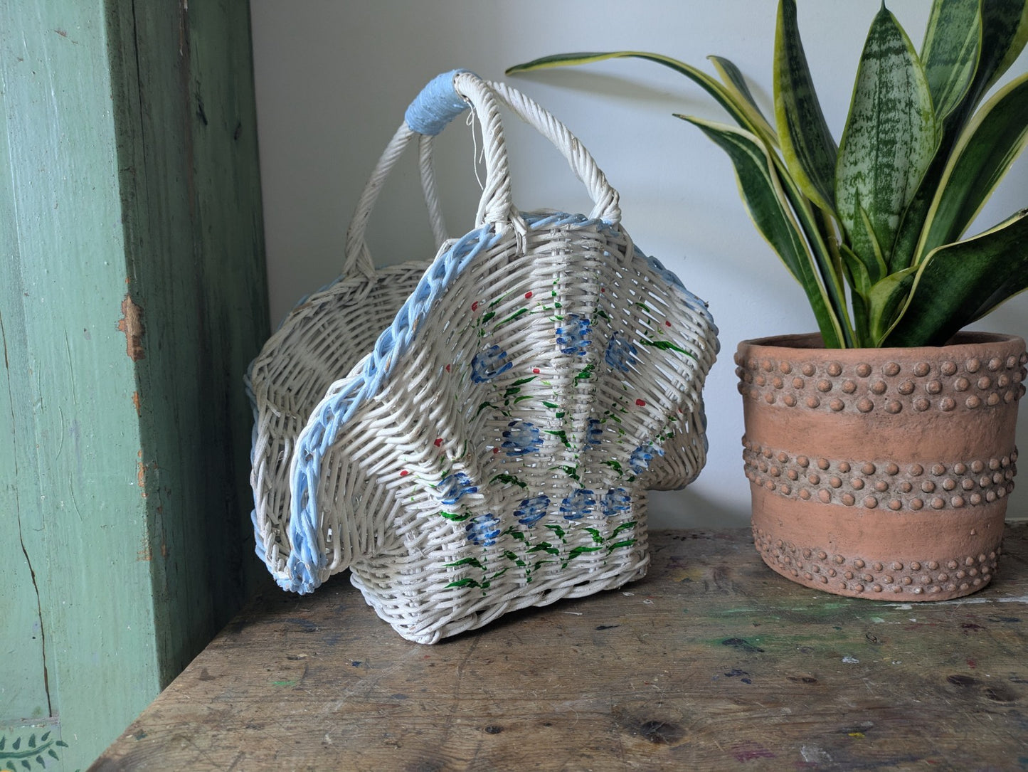 Vintage Shell Shaped Basket White Hand painted Flowers Blue White Prop Wicker 