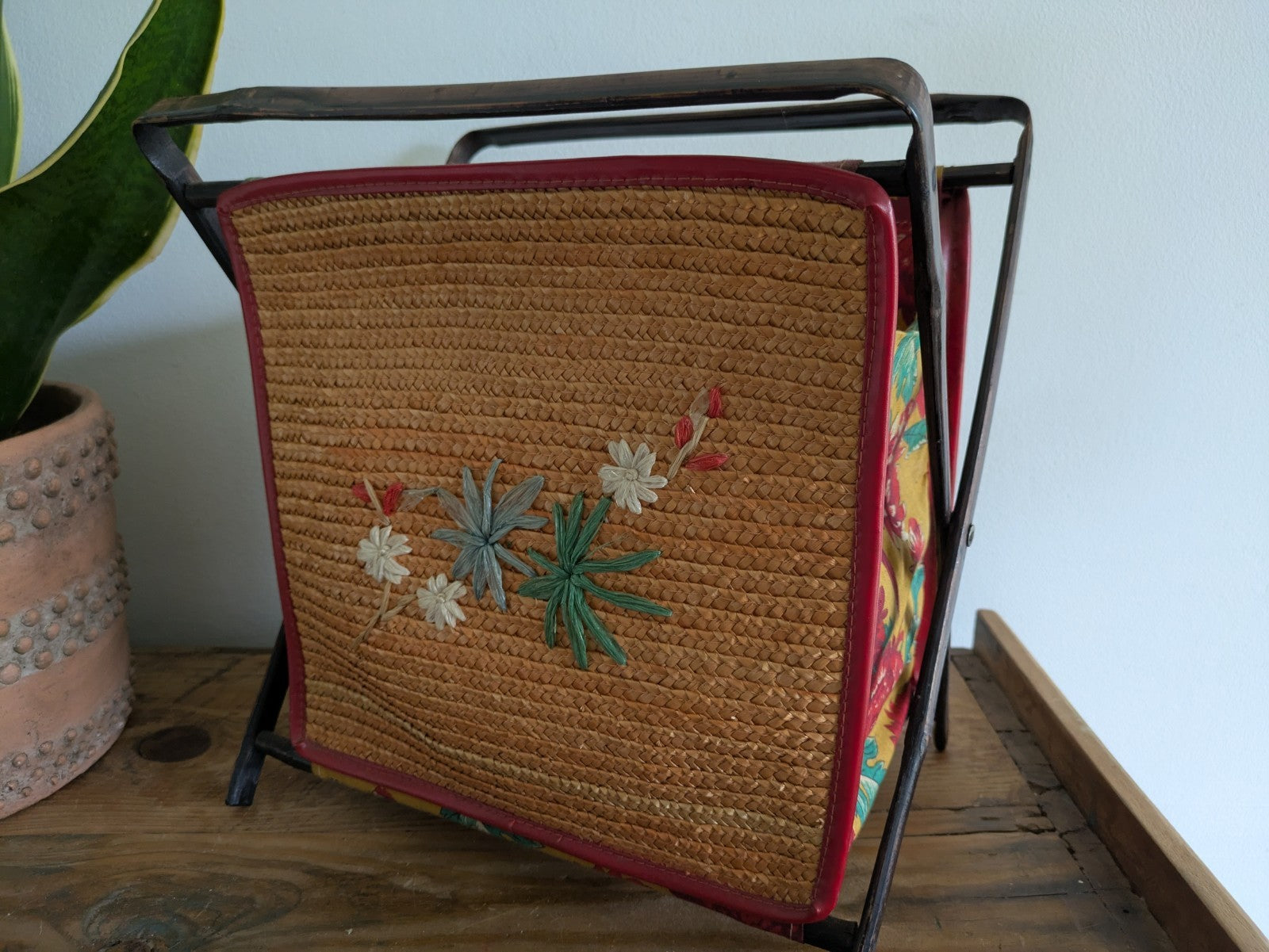 Vintage Folding Sewing Bamboo Woven Applique Magazine Tiki Rack Newspaper Basket