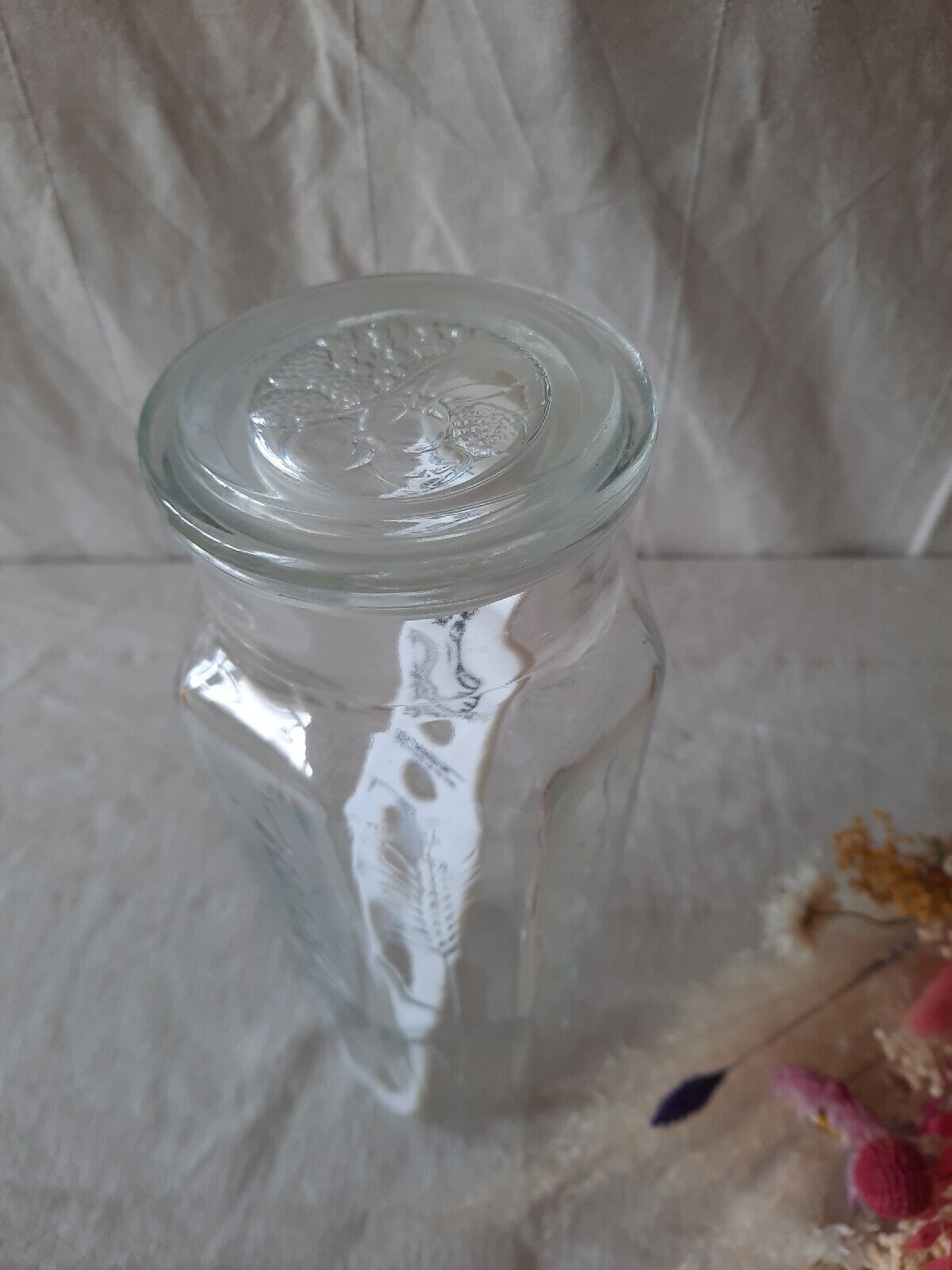 Retro Vintage Embossed Glass Spaghetti/Pasta Storage Jar Tall Linguini Container