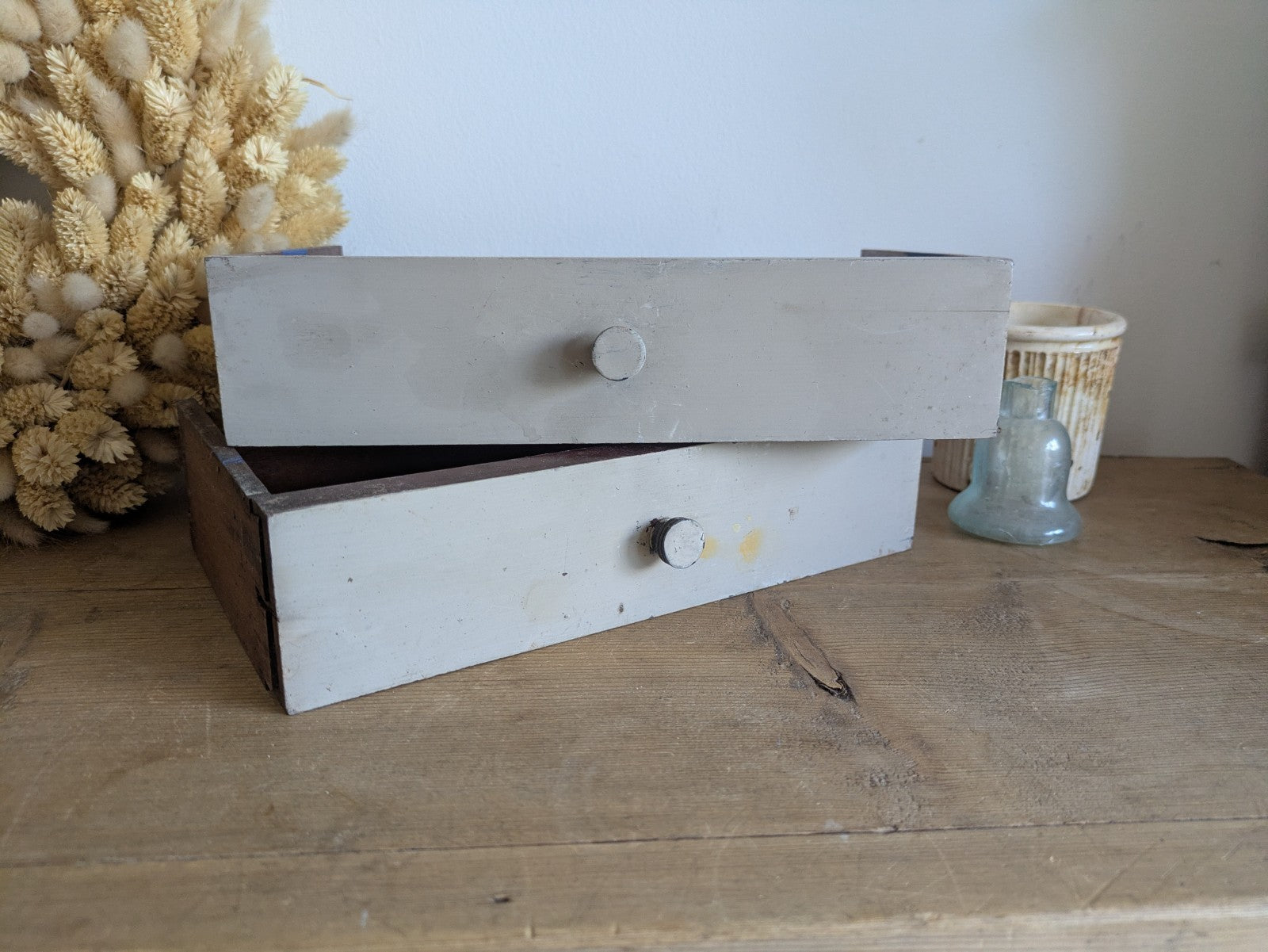 2x Vintage Wooden Engineering Boxes Drawers Apothecary Craft Display Tray Antiqu