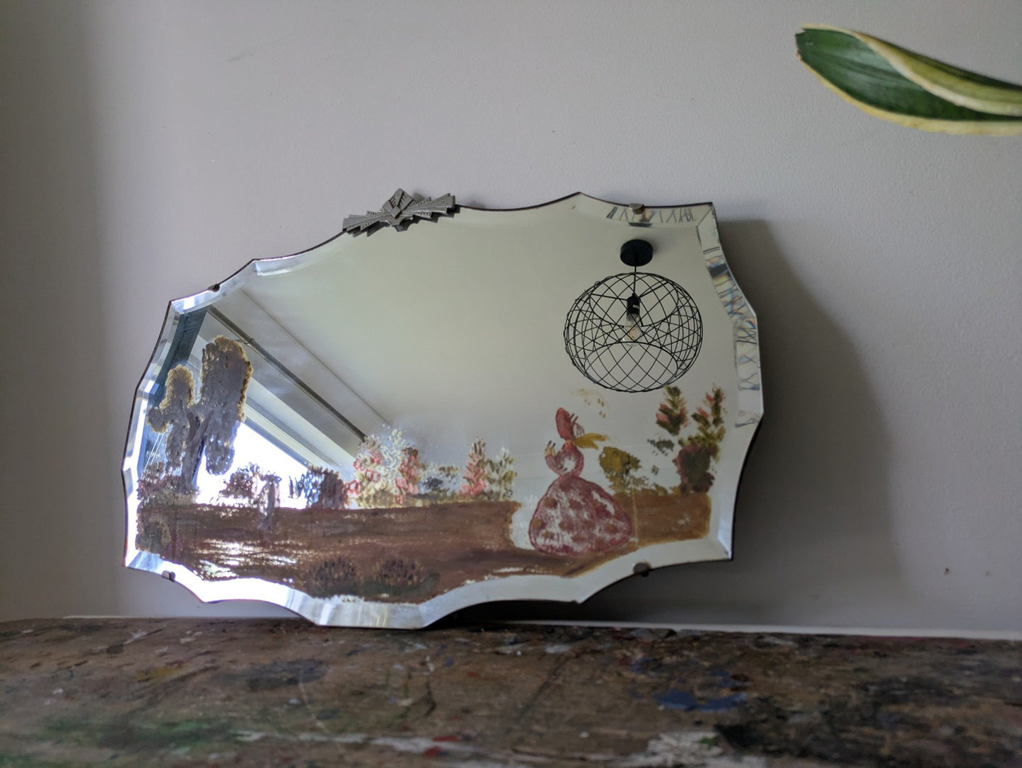 Vintage Art Deco Hand Painted Bevelled Wall Mirror Crinoline Lady Spring Garden