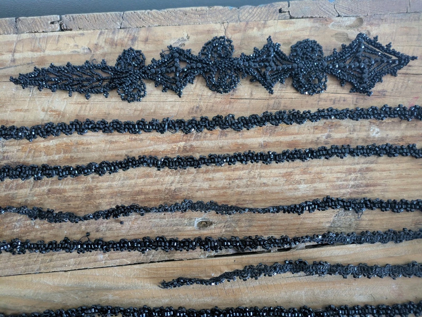 1800s Lot VICTORIAN TRIM Black Beaded Mourning Hand Sewn Applique Haberdashery 