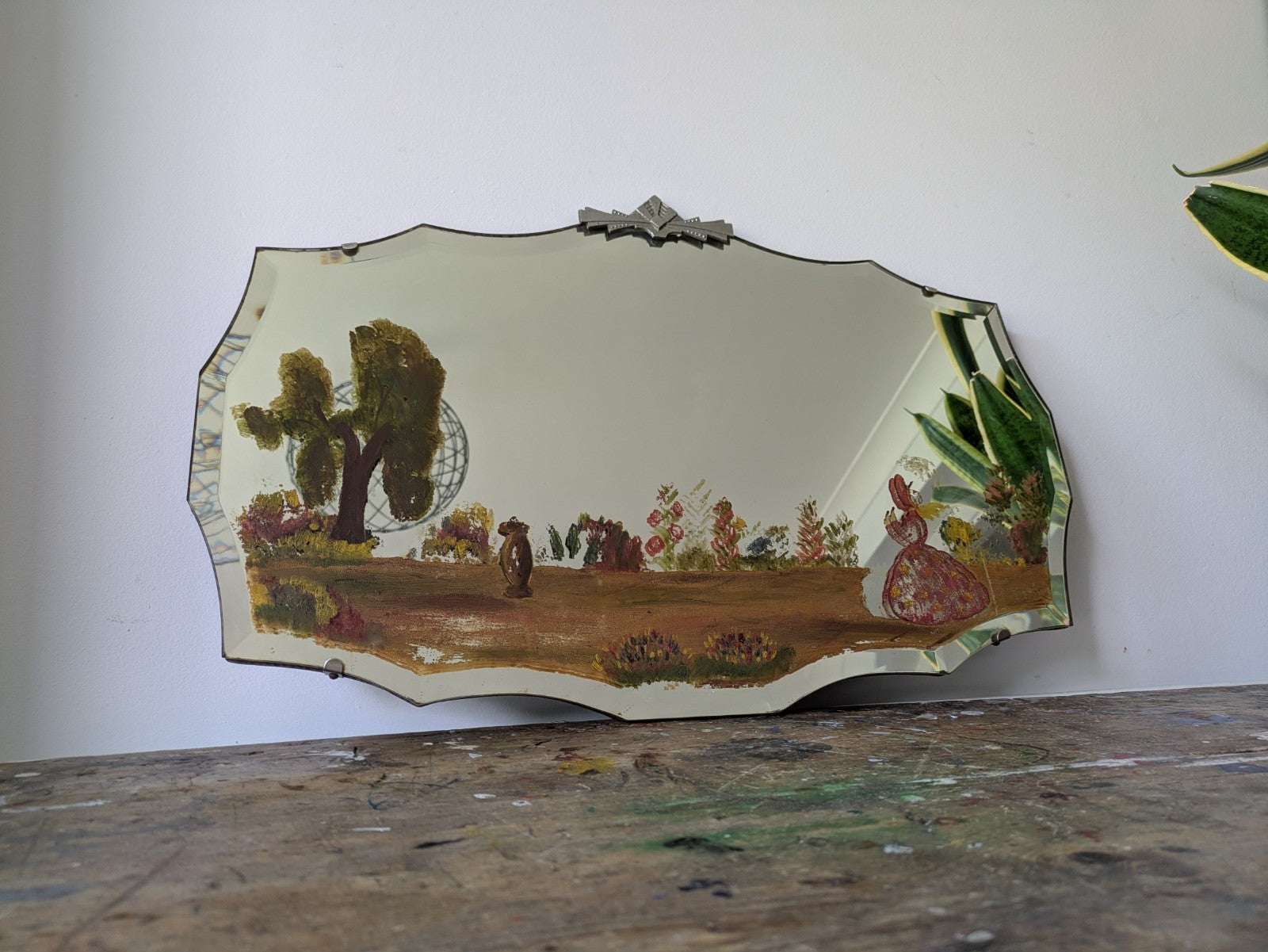 Vintage Art Deco Hand Painted Bevelled Wall Mirror Crinoline Lady Spring Garden