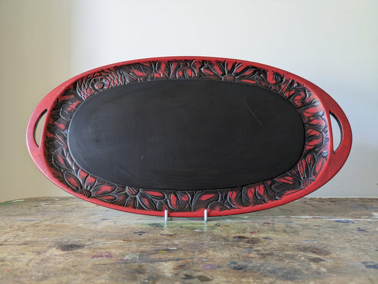 Japanese Obon Tray Lacquer Vintage Kamakura Tradition Carved Large Rare Floral!