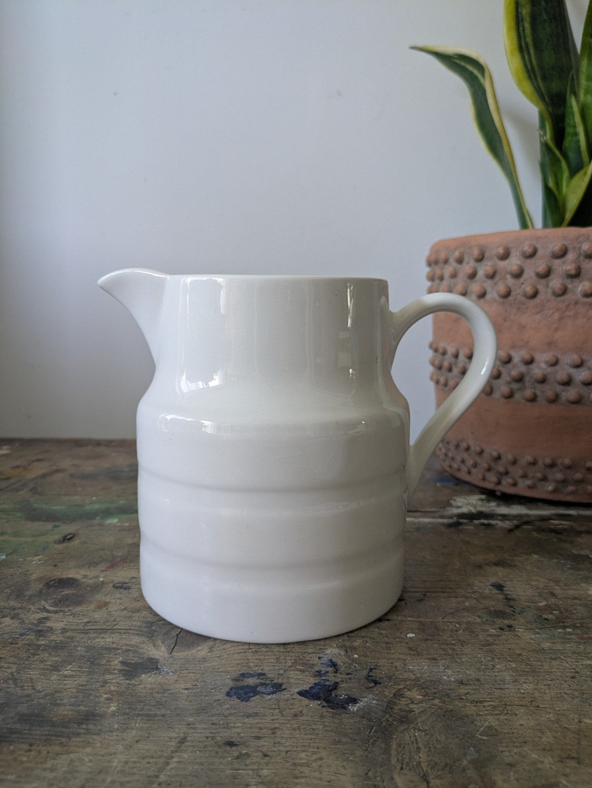 Vintage Lord Nelson Pottery White Milk Jug Pitcher Vase Rustic Farmhouse Banded 