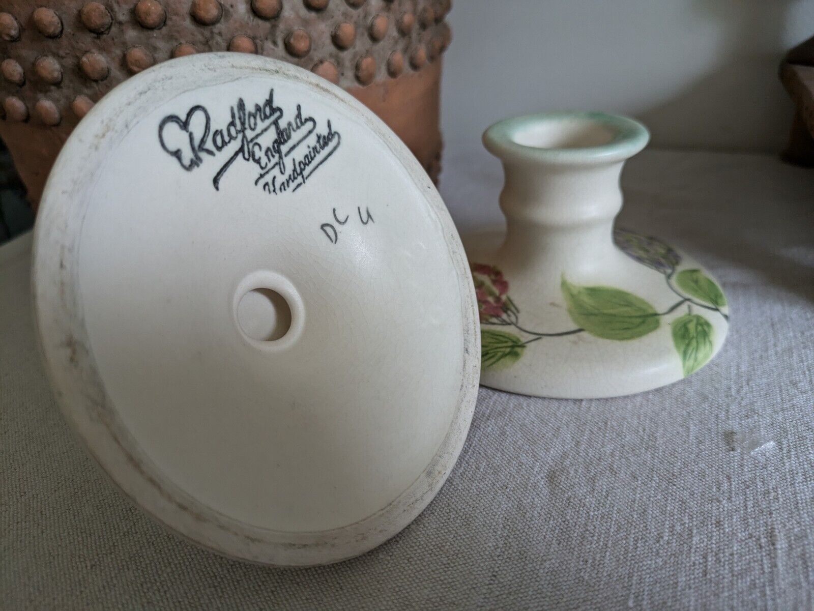 Pair Of E RADFORD 1930s Vintage Candlestick Holders Hand Painted Floral Art Deco
